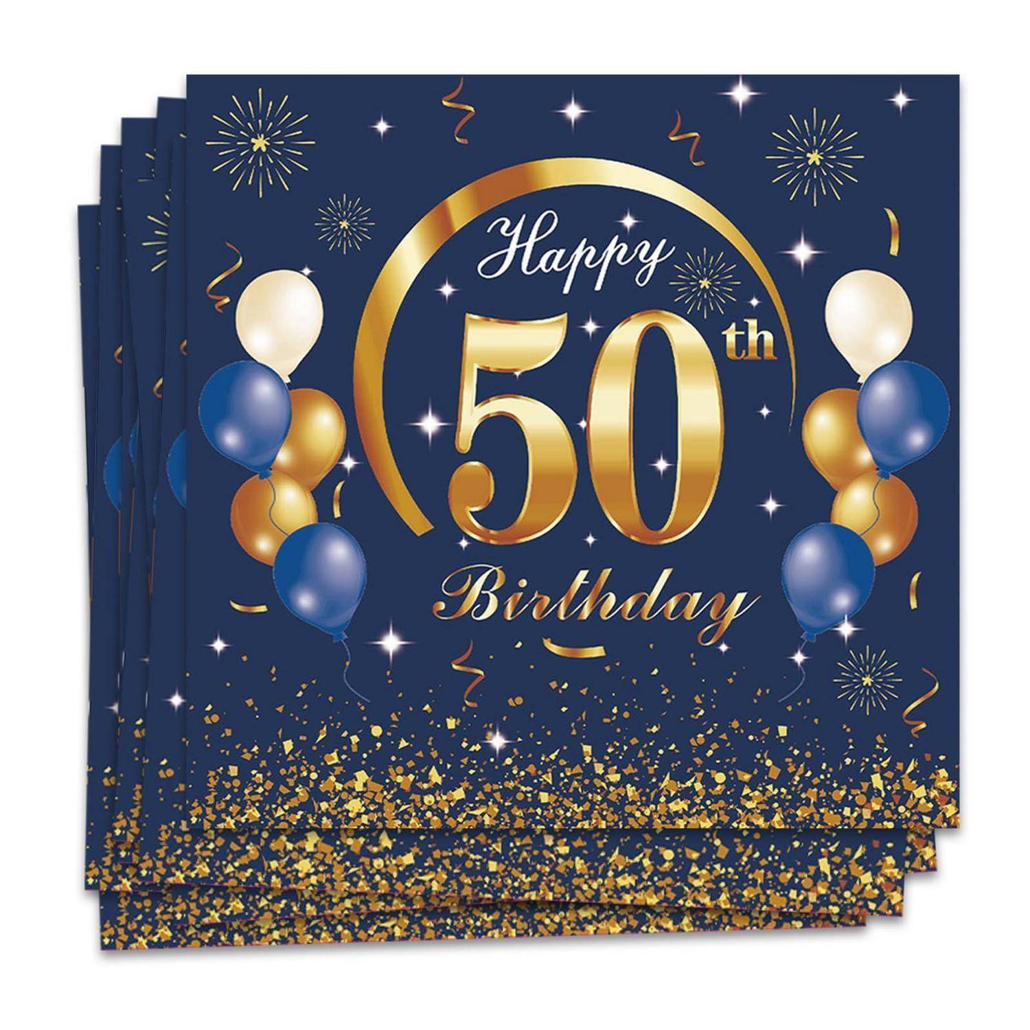 Stapel von dunkelblau Karten zum 50. Geburtstag mit goldener Aufschrift „Happy 50th Birthday