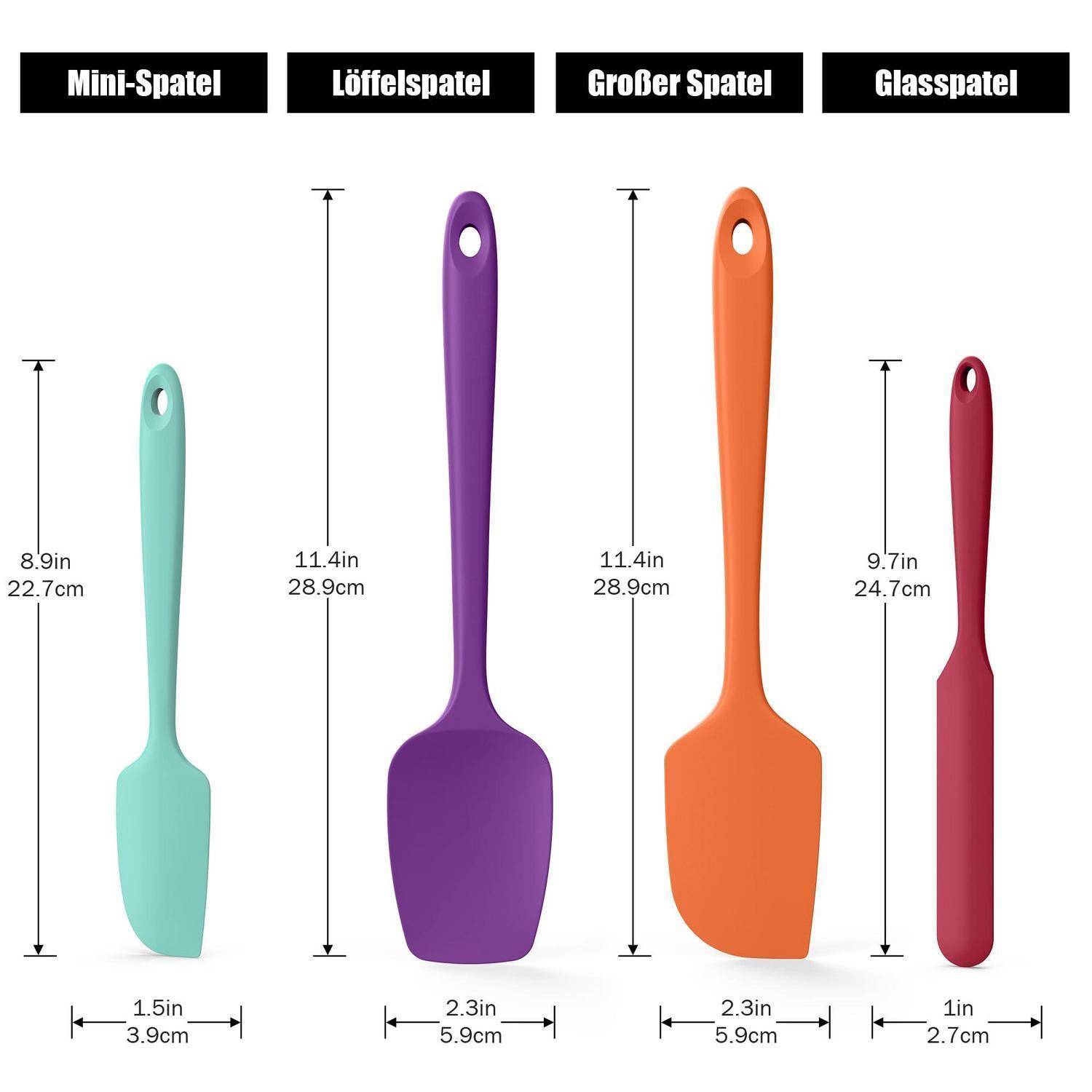 Vergleichstabelle von vier Silikon-Spachtelwerkzeugen mit den Bezeichnungen Mini-Spatel, Löffelspatel, Großer Spatel und Glasspatel, die Längen von 8,9 Zoll bis 11,4 Zoll und Breiten von 1 Zoll bis 2,3 Zoll aufweisen.