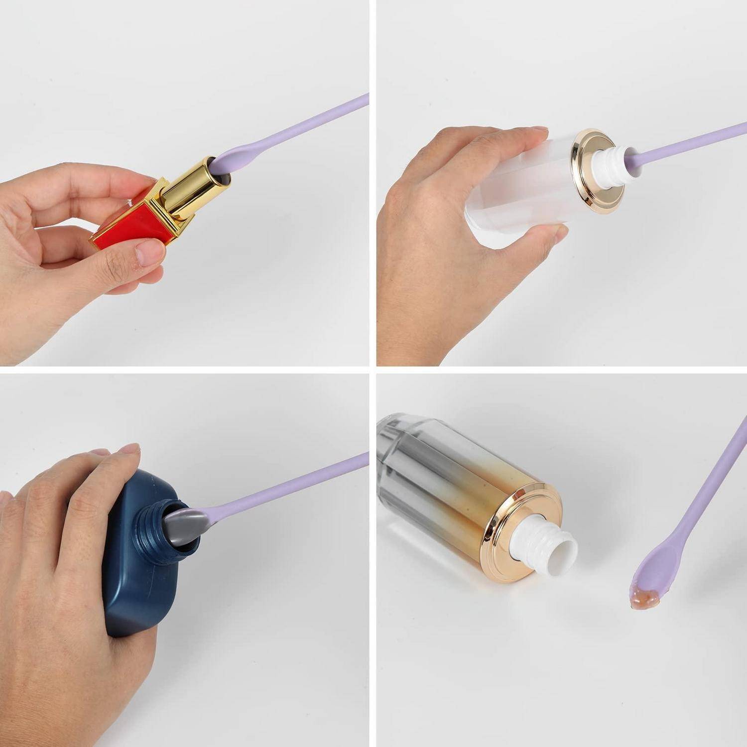 Vierfeldriges Bild zeigt verschiedene kosmetische Flaschenpumpen, die an einem violetten Rohr befestigt sind, was auf Nachfüll- oder Pumpen-zu-Rohr-Adapter hindeutet.