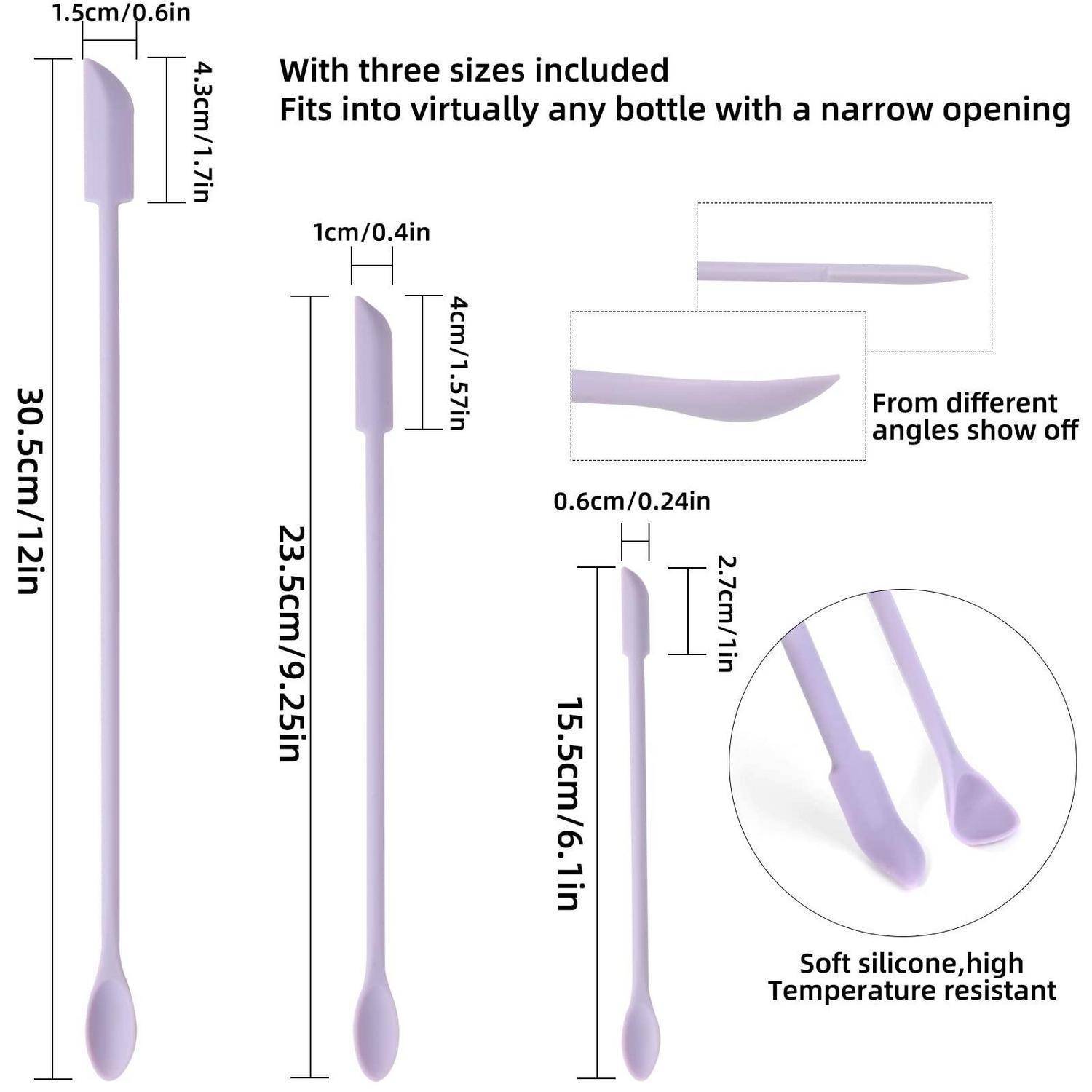 Produktdiagramm von drei Silikonflaschenspachteln mit schmalen Köpfen; beschriftete Größen 30,5 cm, 23,5 cm und 15,5 cm, passt zu Flaschen mit engem Hals und widersteht hohen Temperaturen.