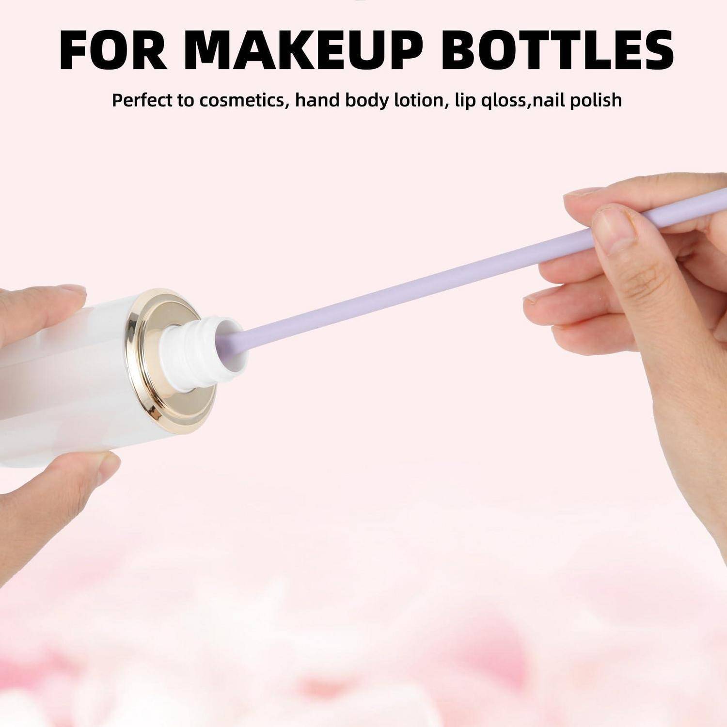 Hände, die einen langen Applikator verwenden, um eine Kosmetikflasche zu füllen; Text besagt „FÜR MAKE-UP-FLASCHEN
