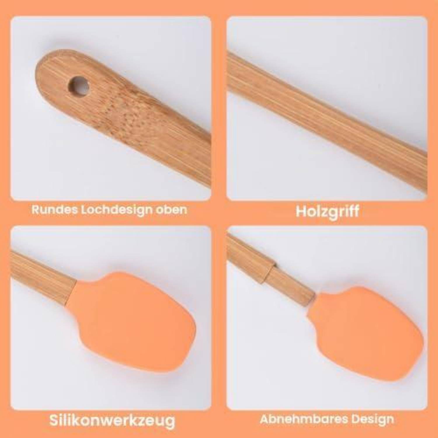 Vierteiliges Produktbild eines Werkzeugs mit Holzgriff und orangefarbenem Silikonkopf, das ein rundes Loch oben, einen Holzgriff, einen Silikonkopf und ein abnehmbares Design zeigt.