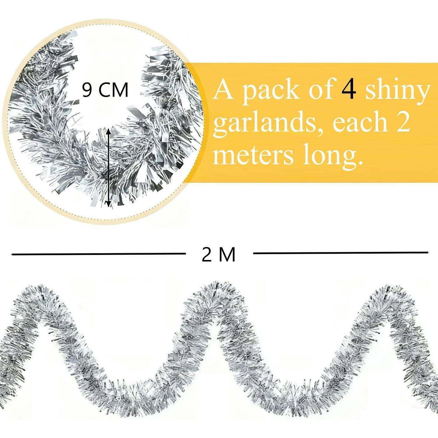 Produktbild zeigt ein Paket mit 4 glänzenden silbernen Girlanden, jede 2 Meter lang, mit einer Nahaufnahme der Girlandenbreite von 9 cm.