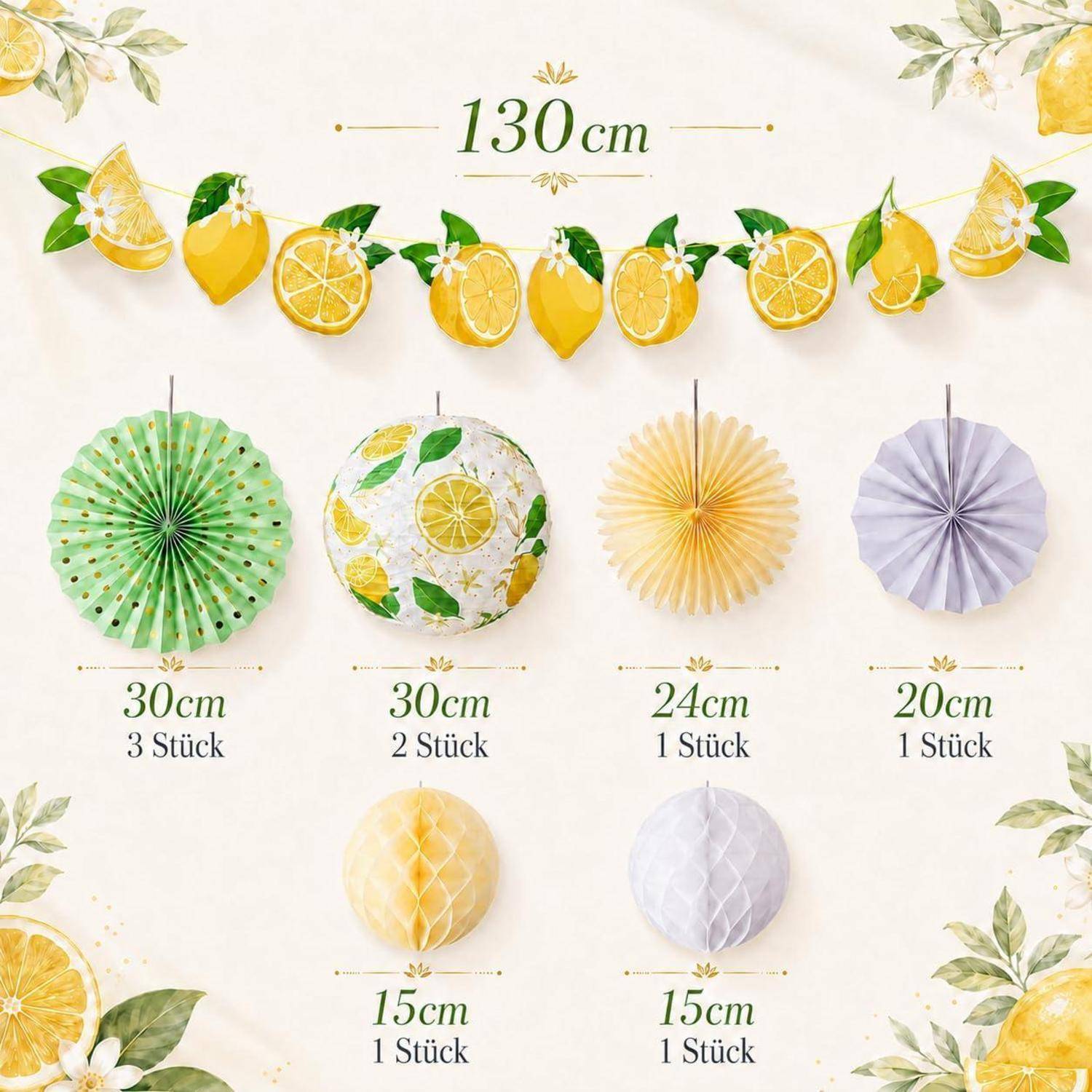 Zitronenthemen-Partydeko-Set mit einer 130 cm langen Girlande und sechs Papierfächern in Grün, Zitronendruck, Gelb und Lavendel in den Größen 30, 24, 20 und 15 cm.