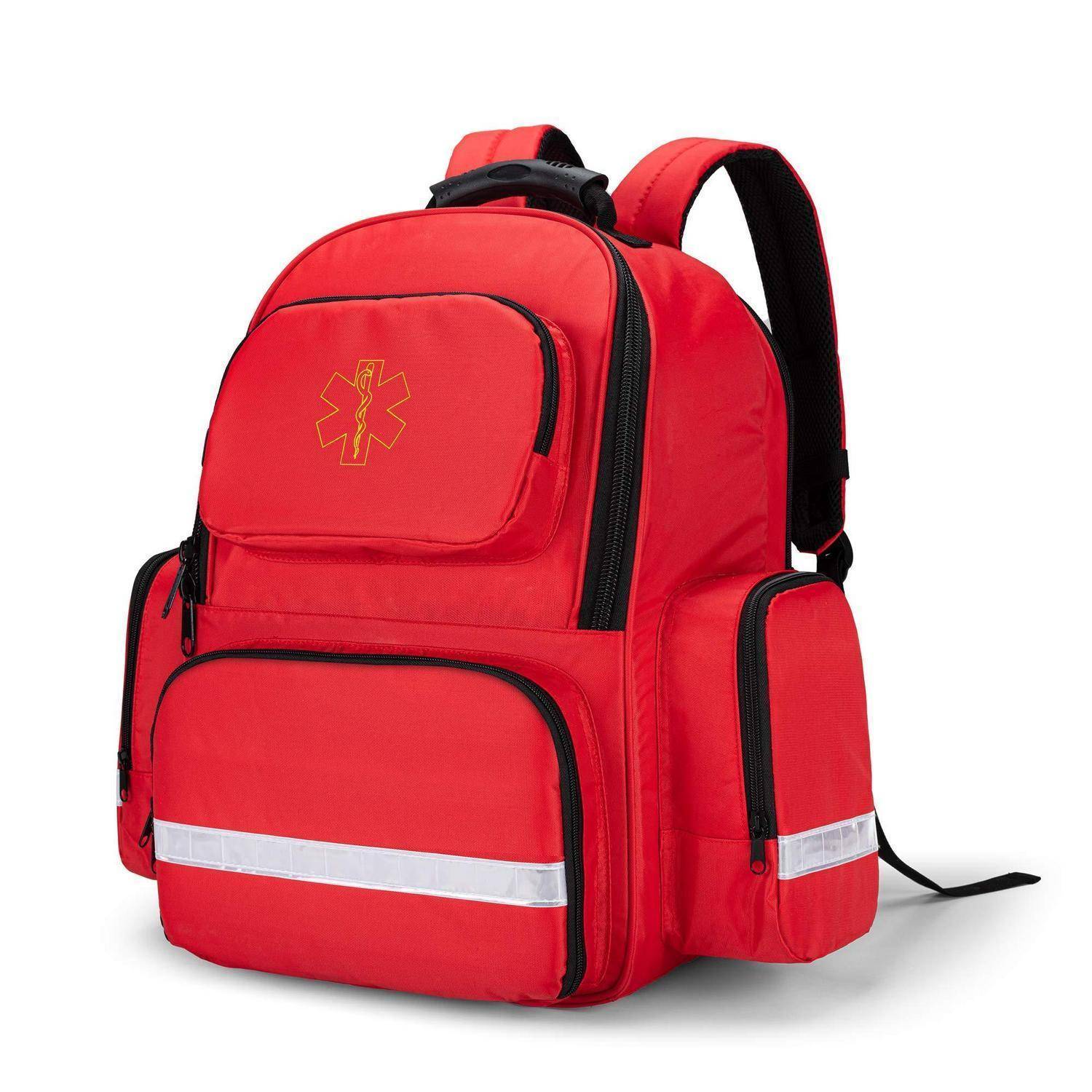 Roter Notfallrucksack für medizinische Versorgung mit reflektierenden Streifen und mehreren Reißverschlussfächern.