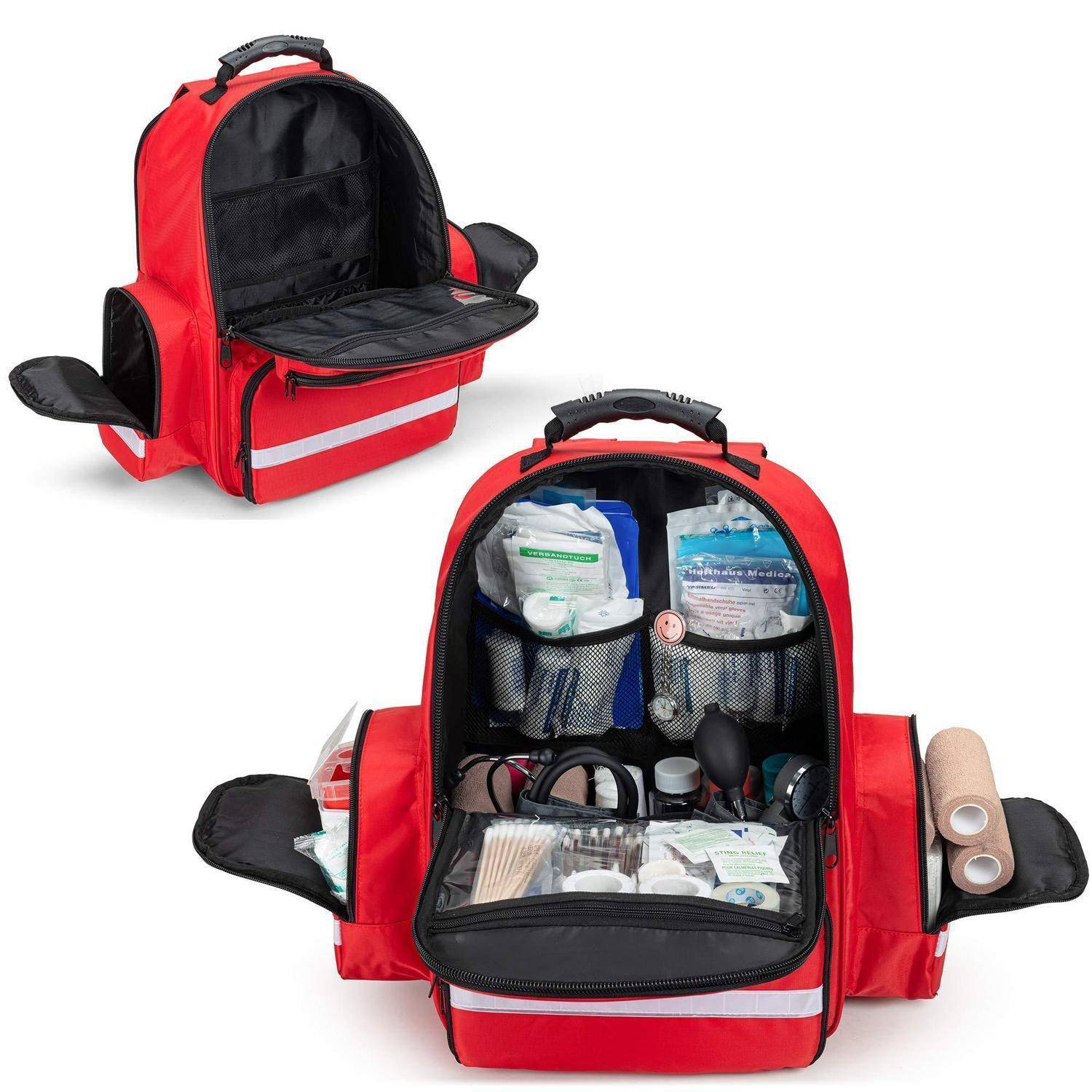 Roter Notfall-Medizinrucksack, geöffnet, um organisierte Erste-Hilfe-Materialien und innere Fächer zu zeigen.