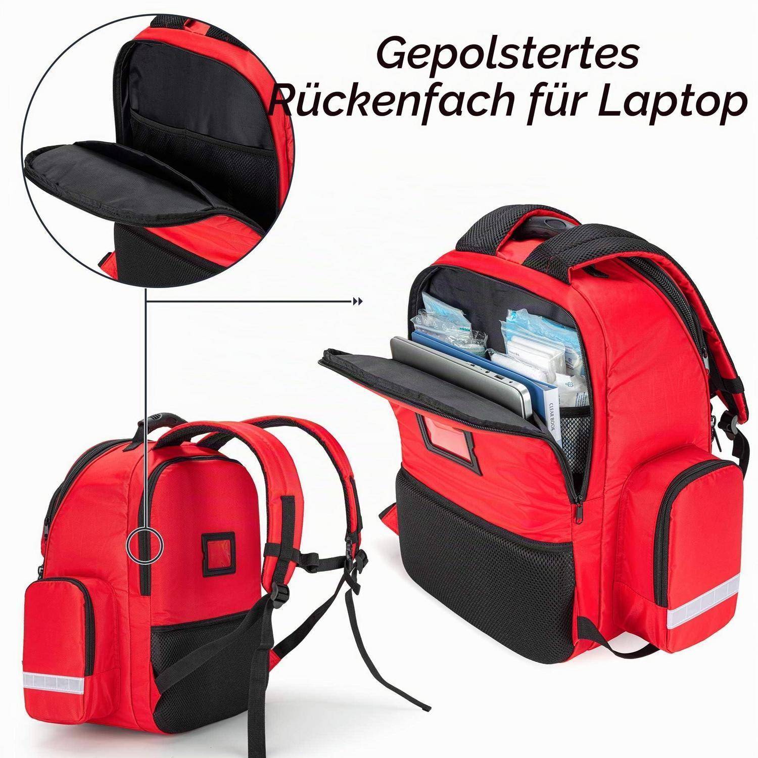 Roter Rucksack mit gepolstertem Laptopfach, gezeigt offen und geschlossen; deutscher Text lautet „Gepolstertes Rückenfach für Laptop" (gepolstertes Rückenfach für Laptop).