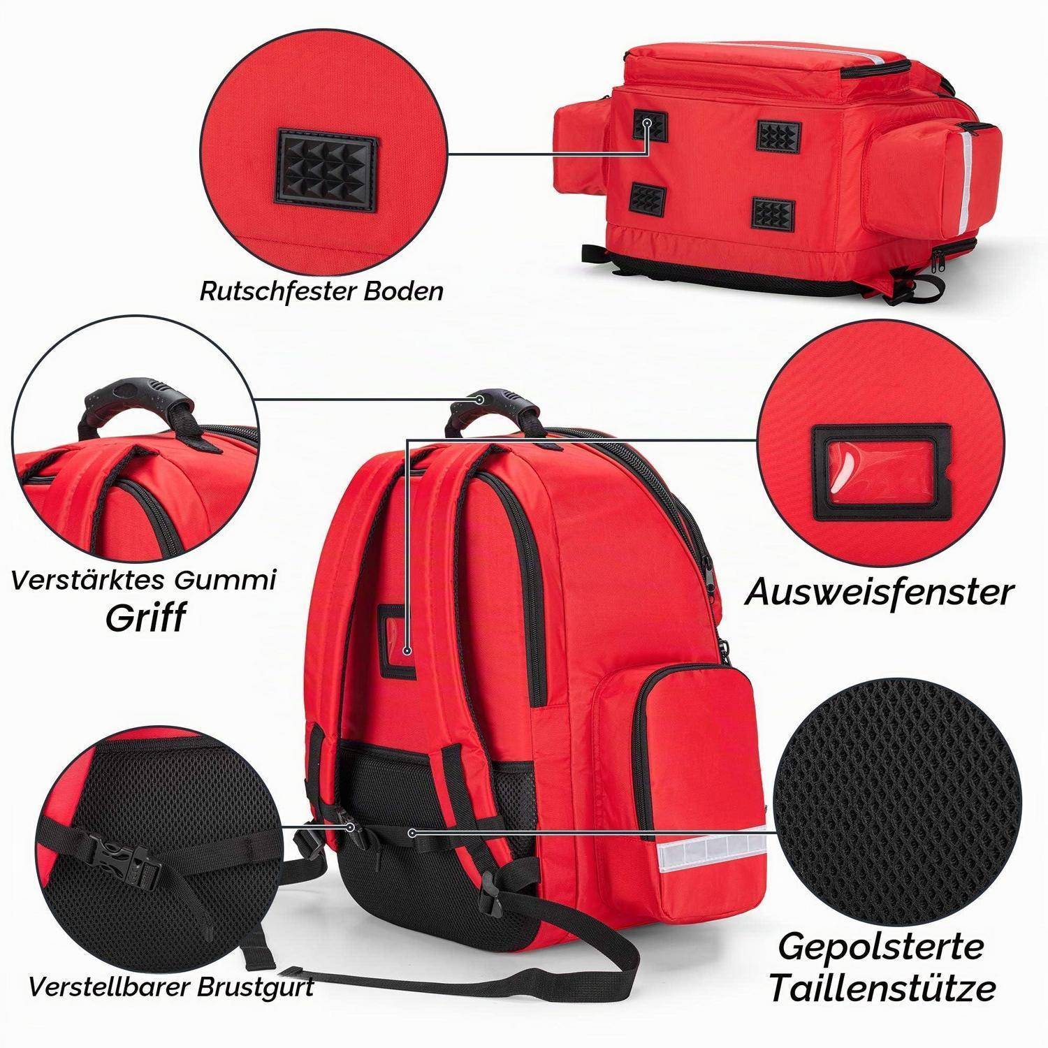 Roter Rucksack mit gekennzeichneten Funktionen: rutschfeste Basis, verstärkter Gummigriff, ID-Fenster, verstellbarer Brustgurt und gepolsterte Taillenunterstützung.