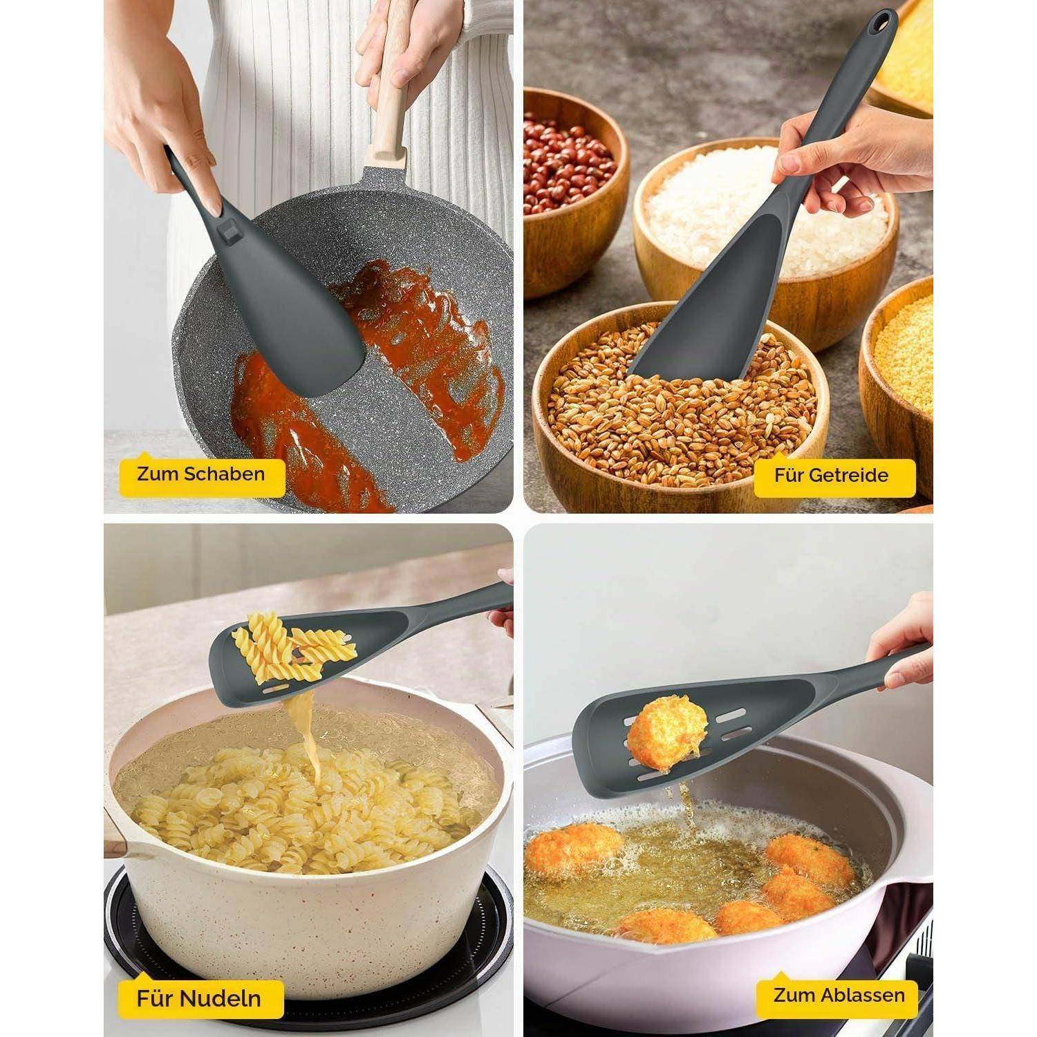 Vierfeldiges Bild eines schwarzen Silikon-Spachtel, der zum Abkratzen von Soße, zum Portionieren von Körnern, zum Abheben von Pasta und zum Abtropfen von frittiertem Essen verwendet wird, mit deutschen Beschriftungen.