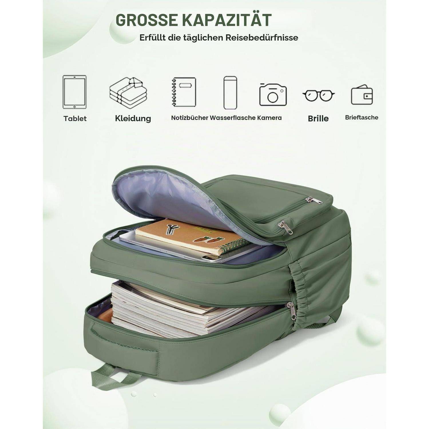 Grüner Rucksack mit großer Kapazität, geöffnet dargestellt und gefüllt mit Büchern und einem Notizbuch; Symbole zeigen, dass er ein Tablet, Kleidung, eine Wasserflasche, eine Kamera, eine Brille und ein Portemonnaie aufnehmen kann.