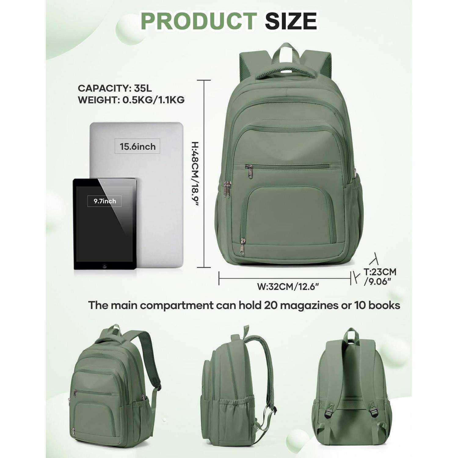 Rucksack-Größentabelle mit einem grünen 35-Liter-Rucksack, 48 cm hoch, 32 cm breit, 23 cm tief, passt für 15,6-Zoll-Laptop und hat eine Kapazität für 20 Magazine oder 10 Bücher.