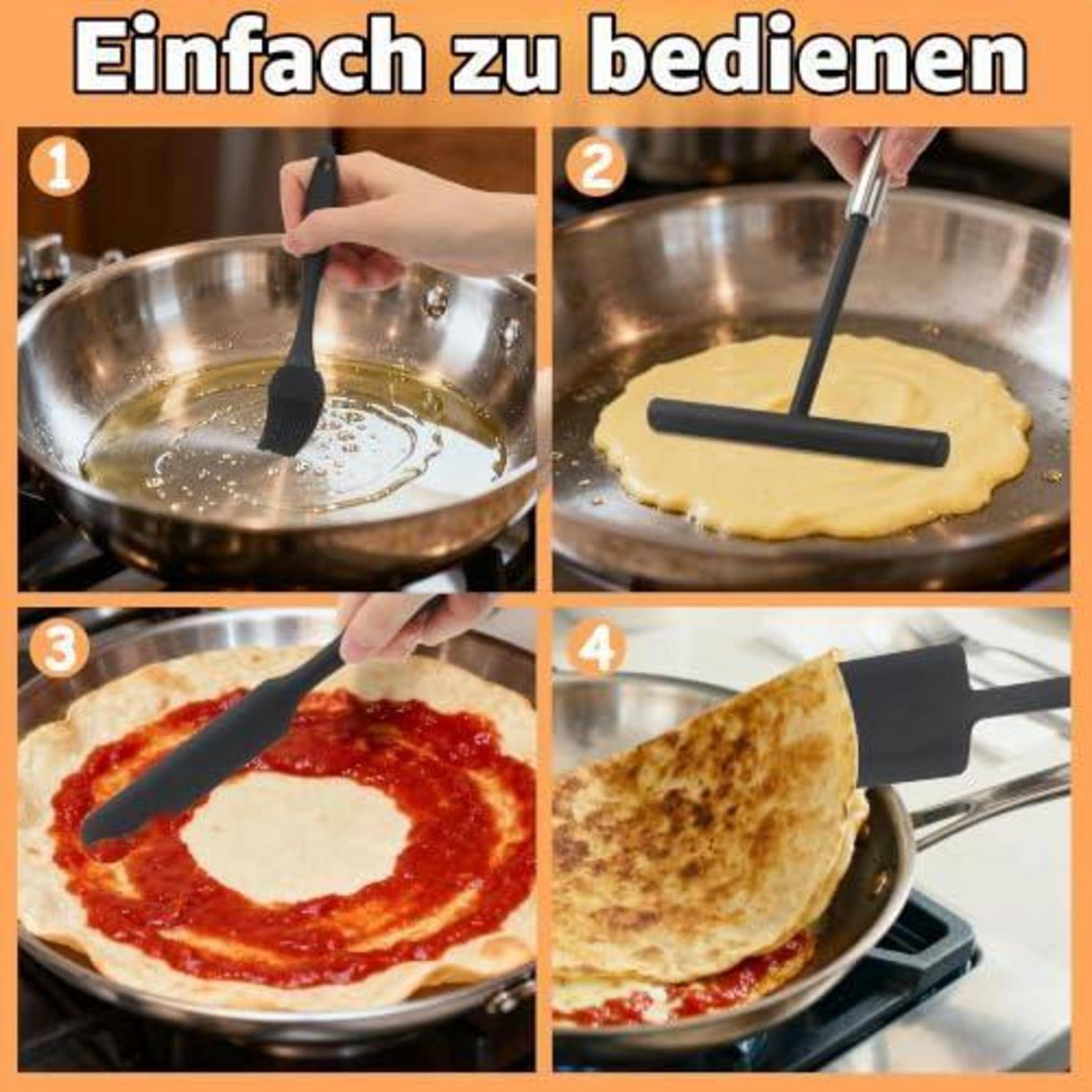 Vierschrittiger Kochleitfaden mit der Bezeichnung „Einfach zu bedienen