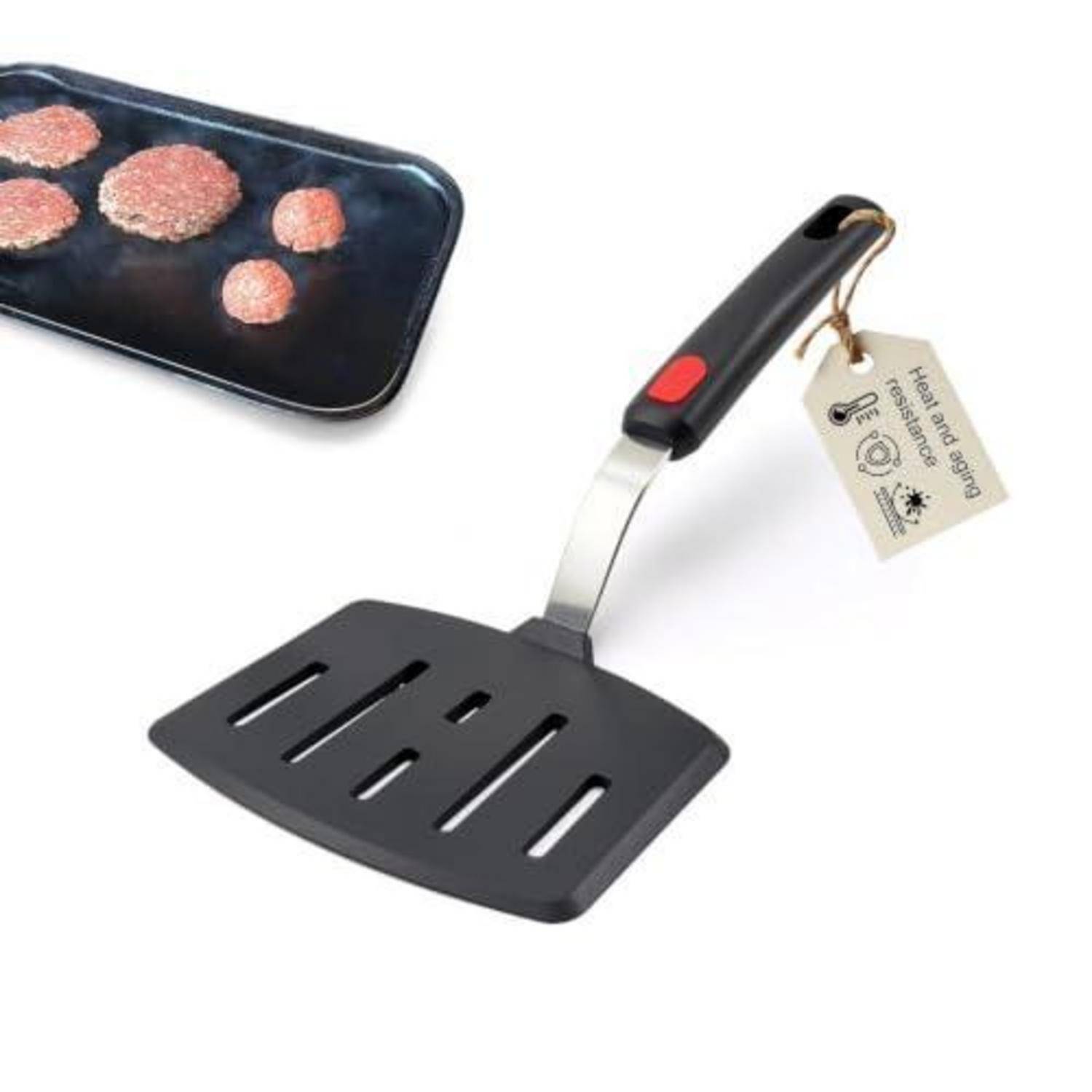 Schwarzer Wendespatel mit Schlitzen und wärmefestem Griff, daneben eine Grillplatte mit Fleischpattys.