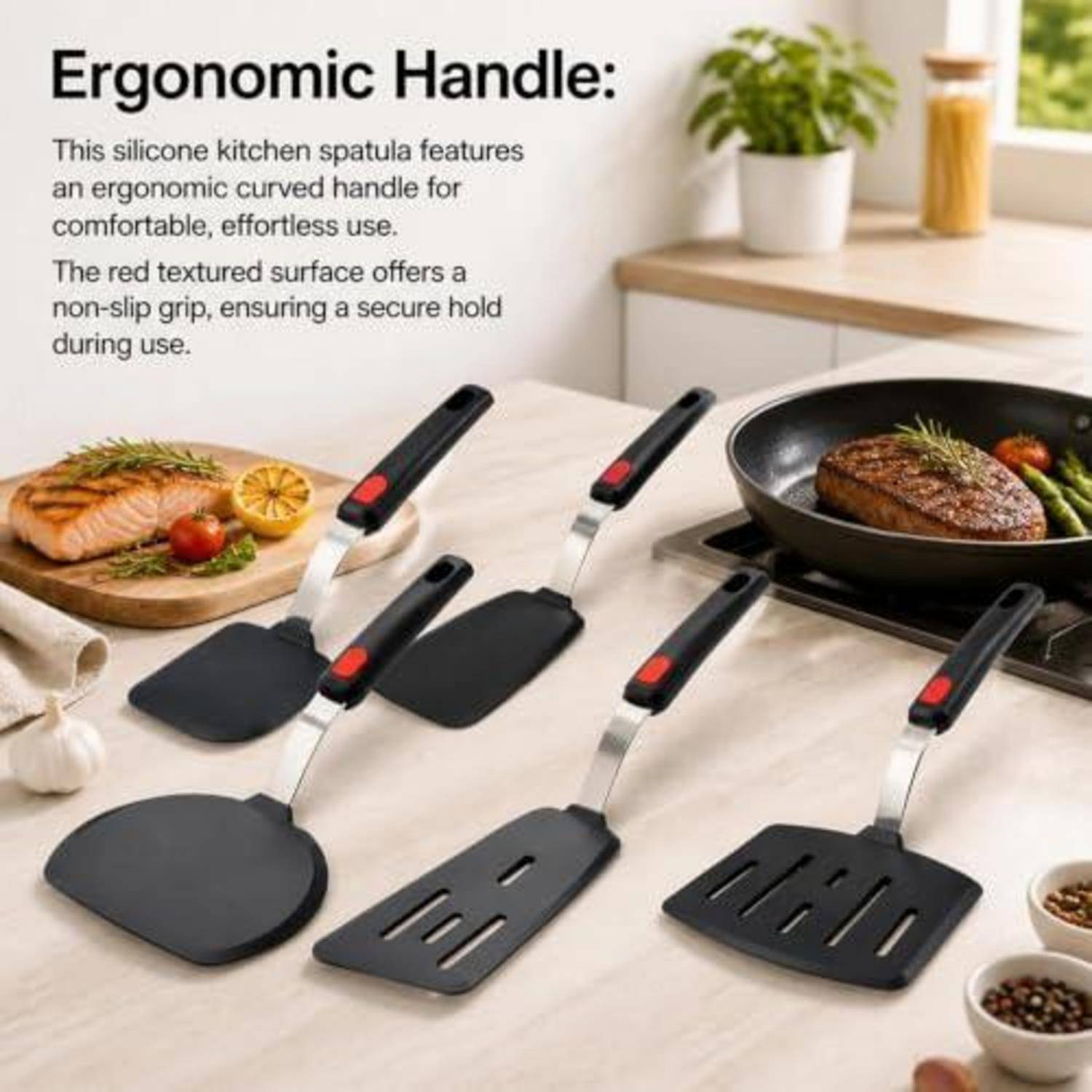 Küchenspatel mit ergonomischen gebogenen Griffen und rutschfestem roten Griff, gezeigt mit gekochtem Essen, um komfortable und sichere Verwendung hervorzuheben.