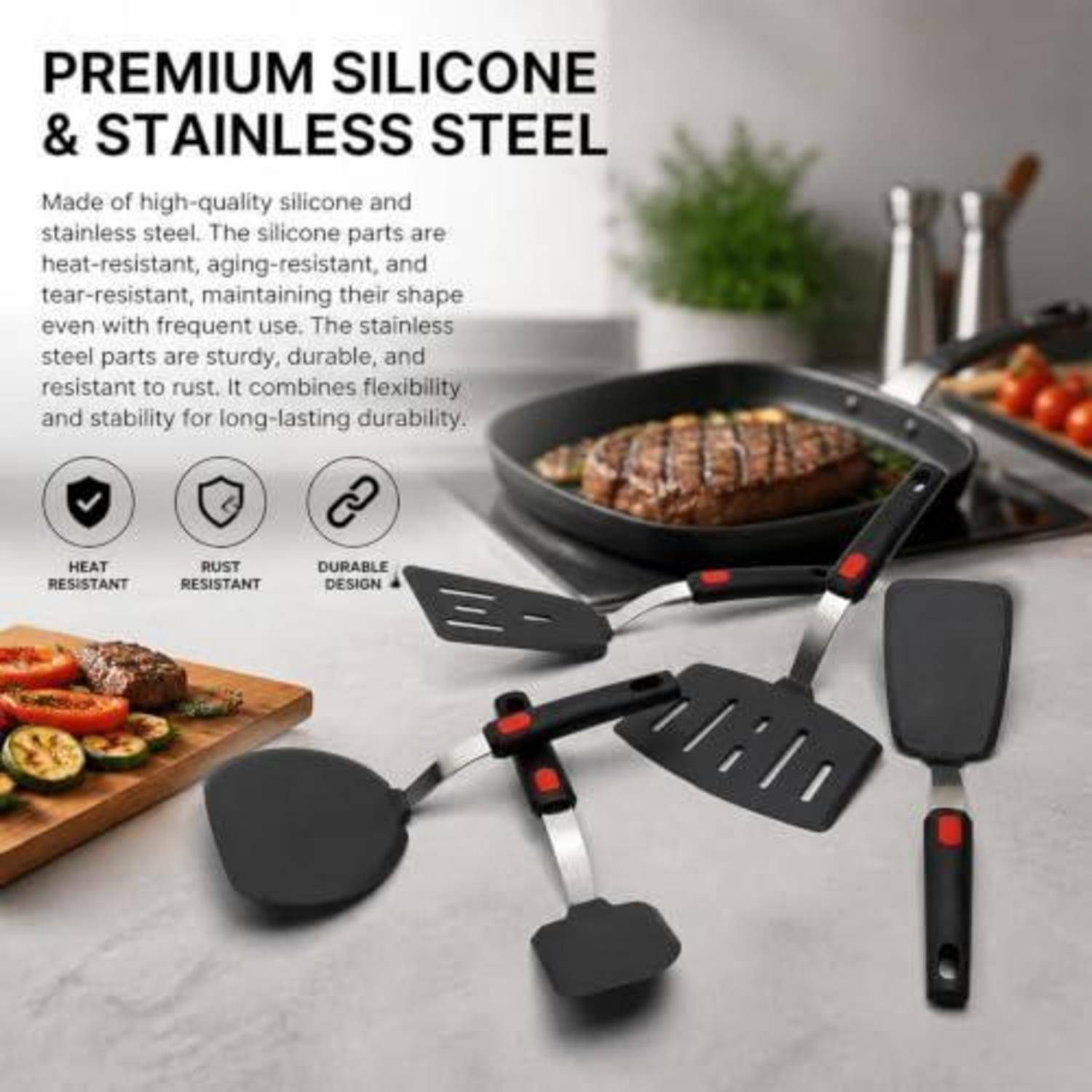 Werbebilder von hochwertigen Silikon- und Edelstahlküchenutensilien rund um eine Grillpfanne, mit Text, der Hitzebeständigkeit, Rostbeständigkeit und langlebiges Design hervorhebt.