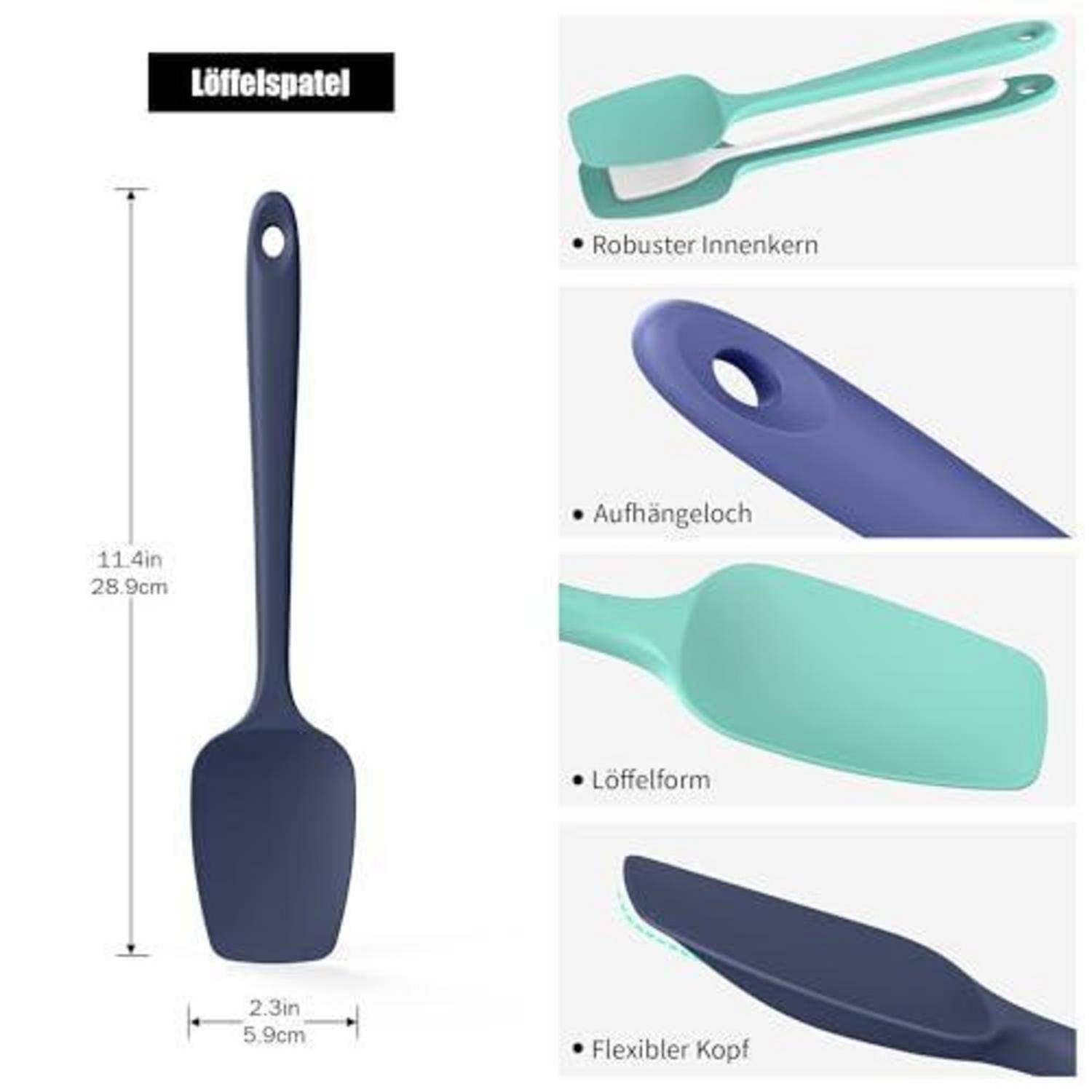 Produktbild einer 28,9 cm großen Silikonspachtel mit Aufhängeloch, löffelförmigem Kopf, stabilem Innenkern und flexibler Spitze, dargestellt in detaillierten Nahaufnahmen der Eigenschaften.