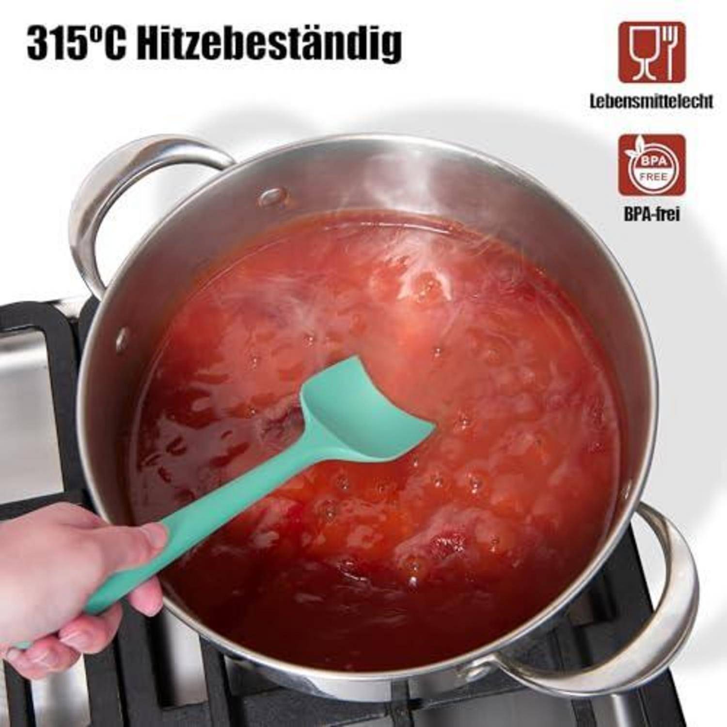 Handgerührte rote Sauce in einem Edelstahltopf mit einem hitzebeständigen türkisfarbenen Spatel; Text besagt „315°C Hitzebeständig