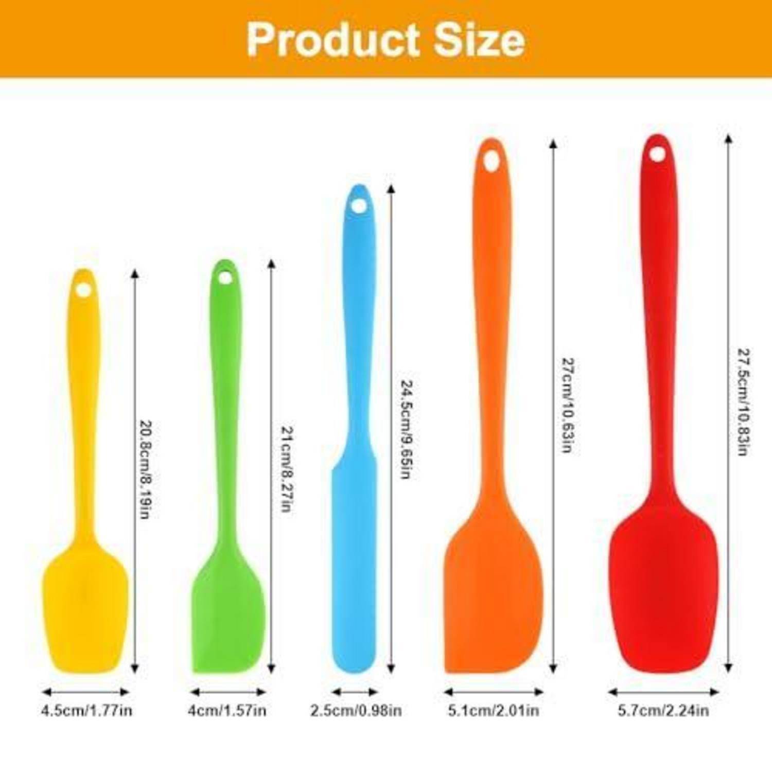 Größentabelle des Produkts, die fünf Silikonspatel in Gelb, Grün, Blau, Orange und Rot zeigt, mit Längen von 20,8 cm bis 27,5 cm und Breiten von 2,5 cm bis 5,7 cm.