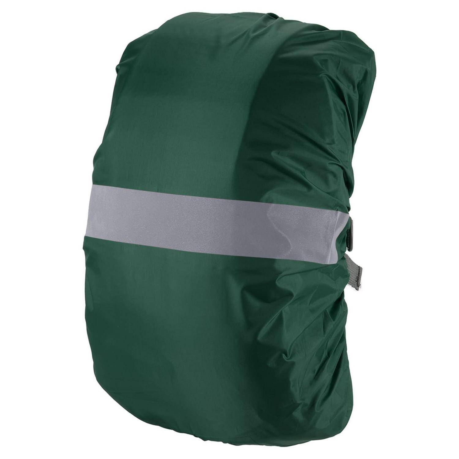 Grüner Rucksack-Regenschutz mit breitem reflektierendem grauem Band, gezeigt auf weißem Hintergrund.