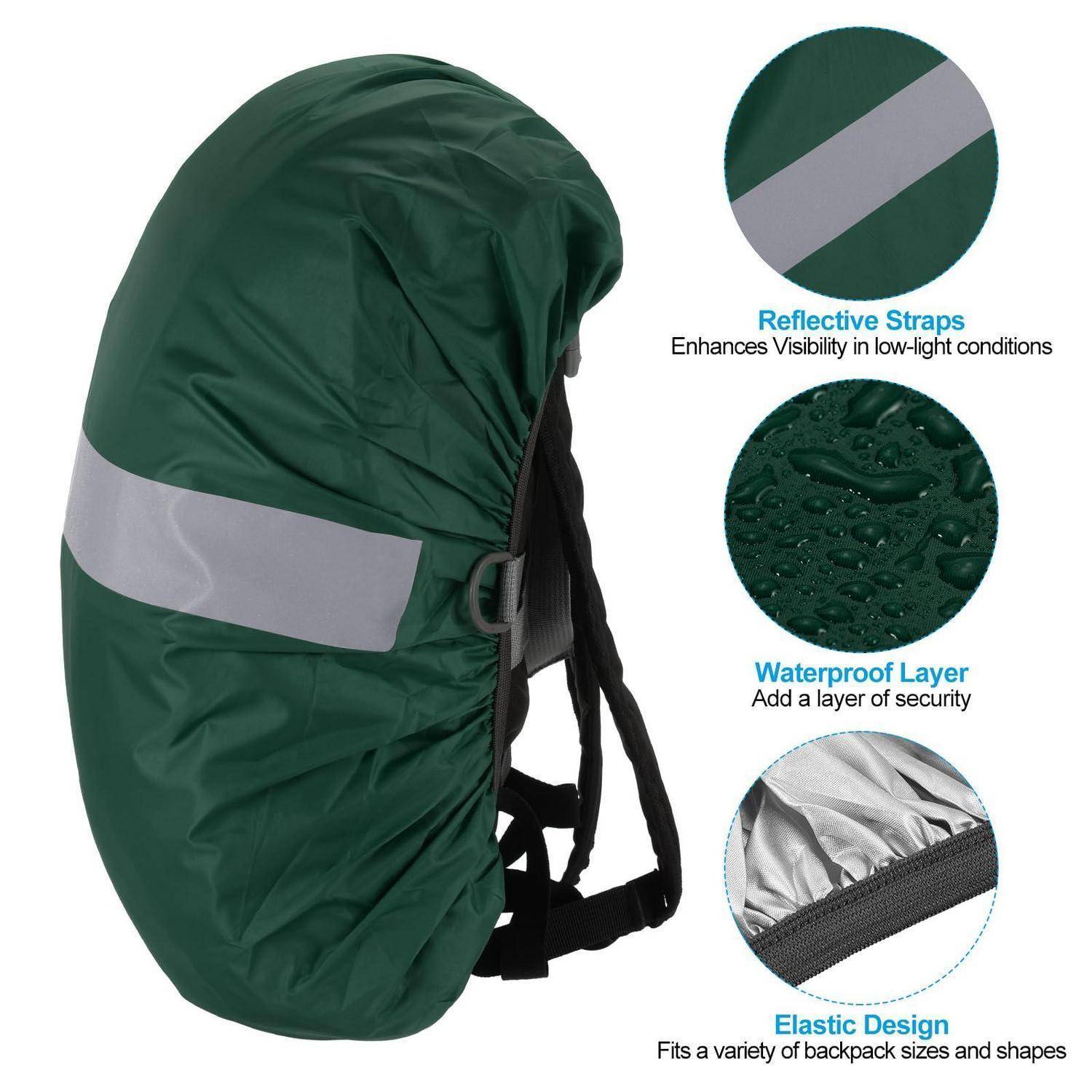 Grüne Rucksackschutzhülle mit reflektierendem Riemen, wasserdichter Schicht und elastischem Design zur Anpassung an verschiedene Rucksackgrößen und zur Verbesserung der Sichtbarkeit.