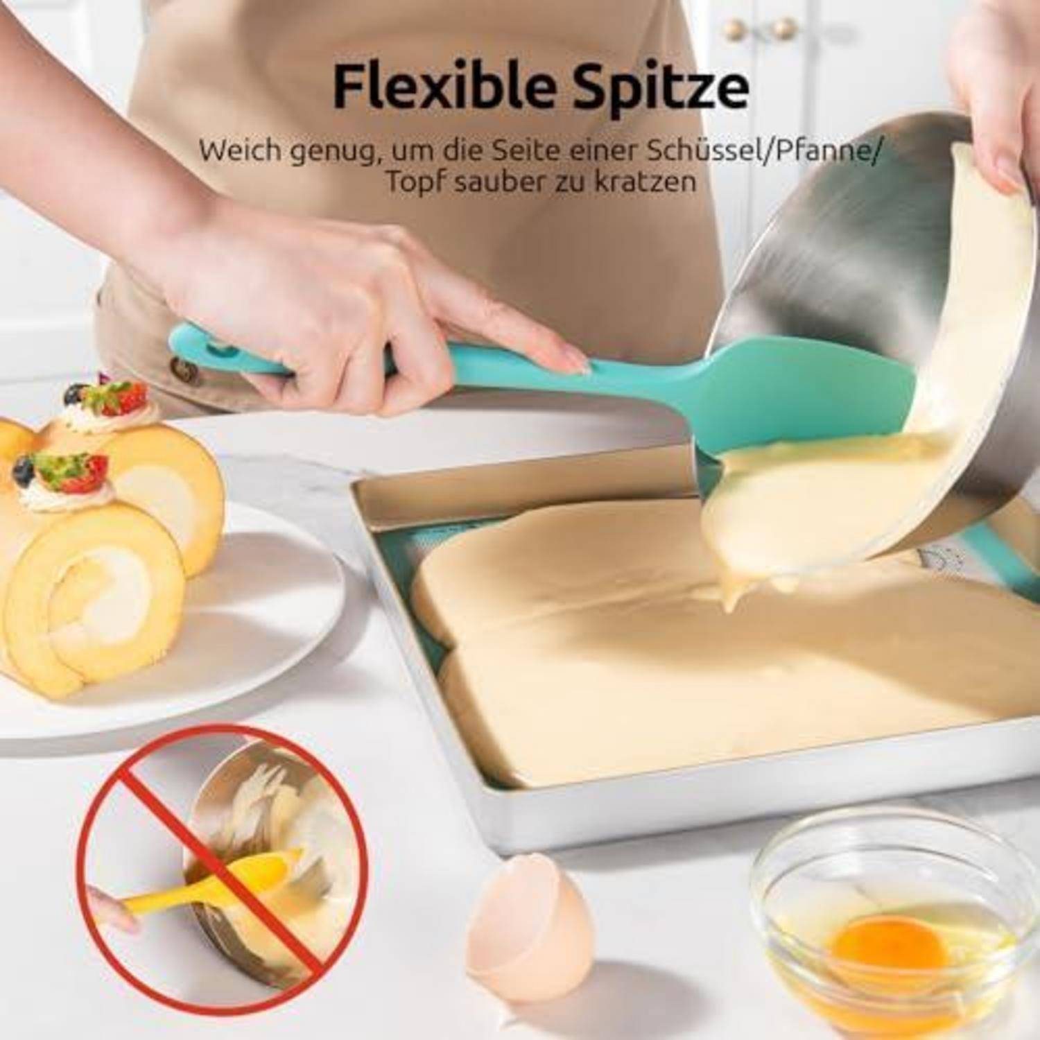 Person verwendet einen flexiblen türkisfarbenen Spatel, um Teig aus einer Rührschüssel in eine Backform zu kratzen; der Text liest sich als „Flexible Spitze