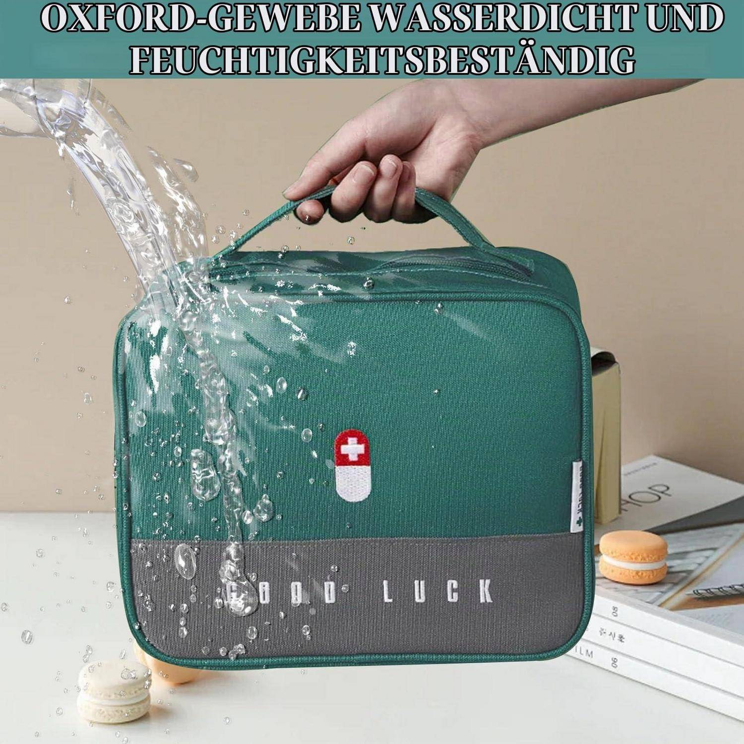 Grüne und graue Lunchbox mit Reißverschluss wird mit Wasser bespritzt, gezeigt als wasserdicht und feuchtigkeitsresistent, mit deutschem Text oben.