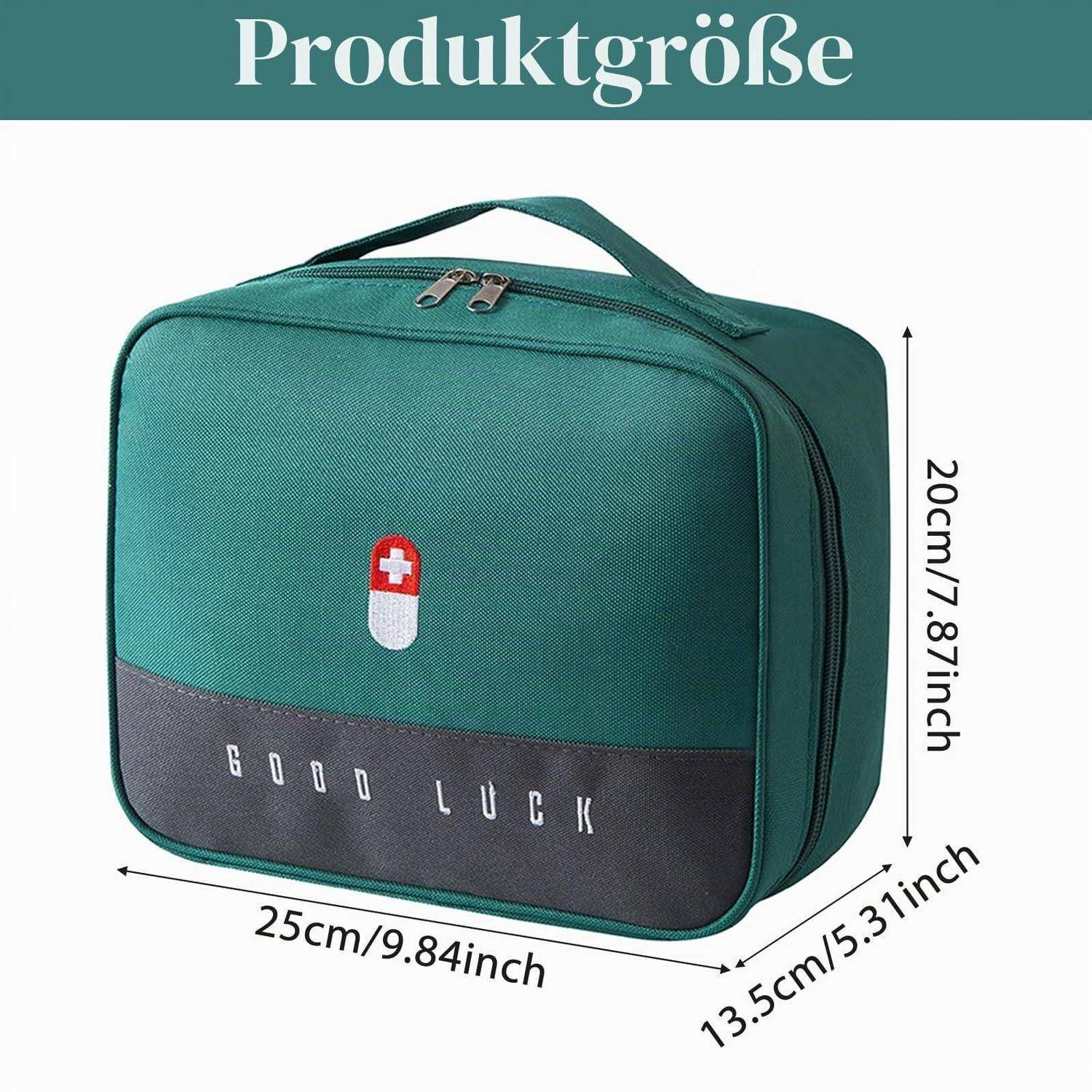 Grüne isolierte Lunchbox mit der Aufschrift "VIEL GLÜCK"", mit Griff und Reißverschluss, gezeigt mit einer Breite von 25 cm, einer Höhe von 20 cm und einer Tiefe von 13,5 cm.