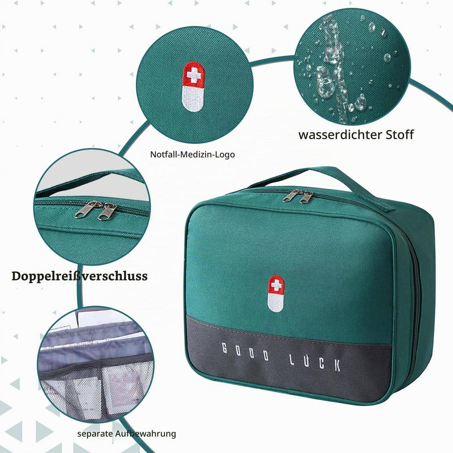 Grüne isolierte Lunchbox mit Notfall-Medizin-Logo, wasserabweisendem Stoff, Doppelreißverschluss und separaten Aufbewahrungsfächern; "VIEL GLÜCK"" auf der Vorderseite gedruckt.