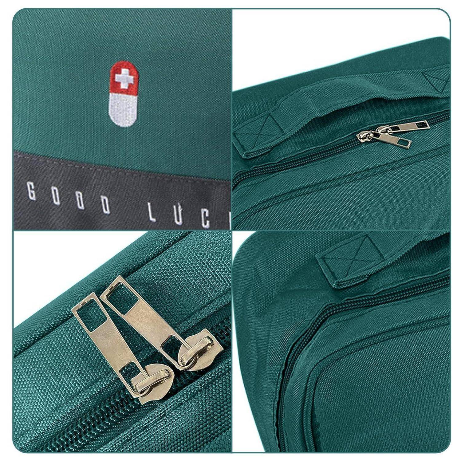 Collage eines grünen Rucksacks mit einem Schweizer Flaggen-Patch, geprägtem Text „GOOD LUC" und Nahaufnahmen von Reißverschlüssen und Taschen.