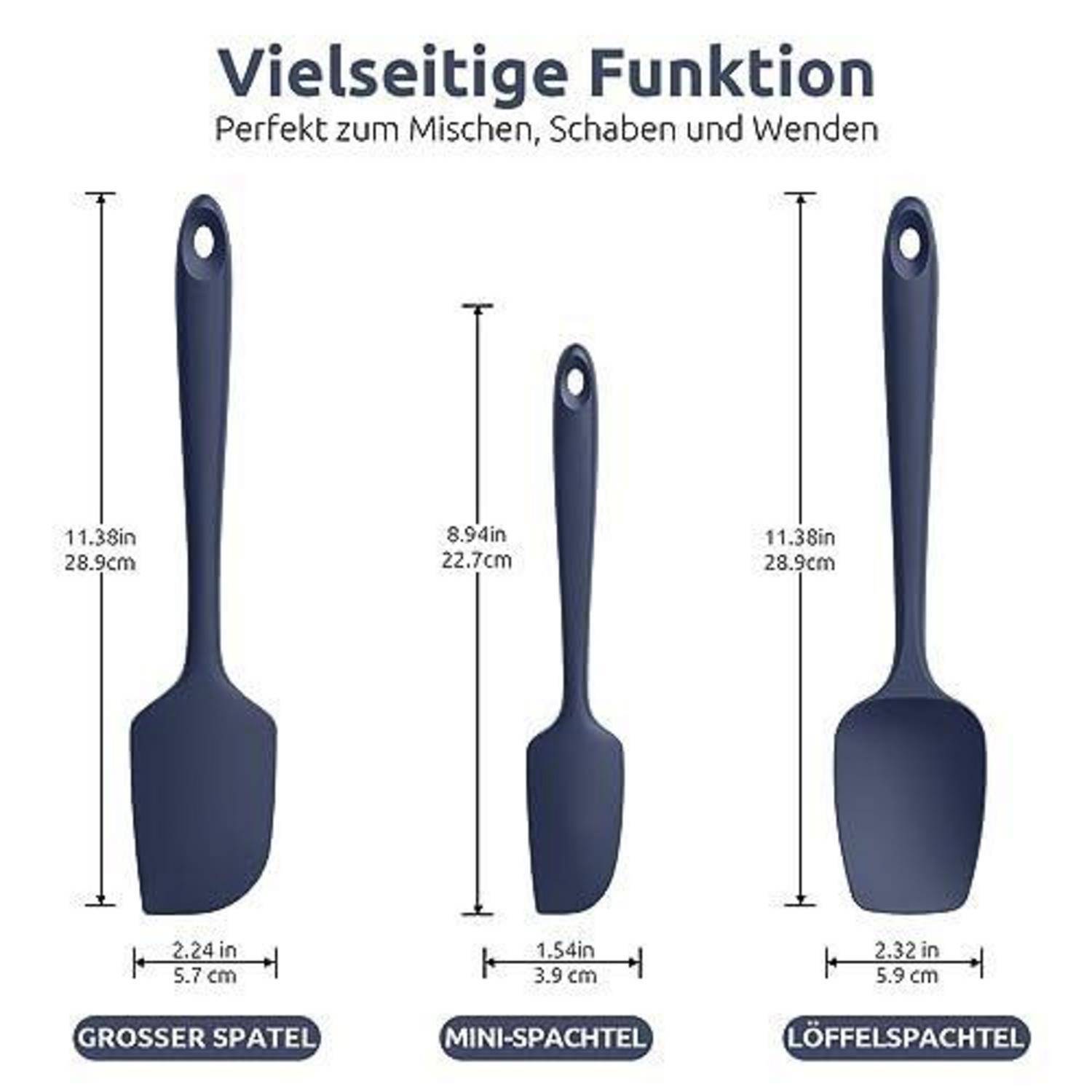 Deutsches Produktgrafik mit drei Silikonspachteln mit Abmessungen: großer Spachtel, Mini-Spachtel und Löffelspachtel, gekennzeichnet zum Mischen, Kratzen und Wenden.