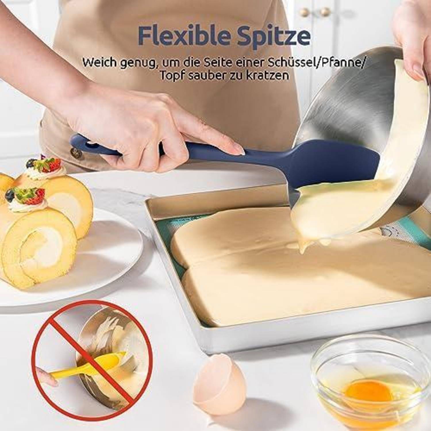 Person kratzt Teig mit einem flexiblen Spatel aus einer Rührschüssel in eine Backform; deutscher Text sagt, dass er Schüssel- und Pfannenkanten reinigt, und das Bild zeigt Kuchenbackzutaten und ein Symbol ohne Kratzer.