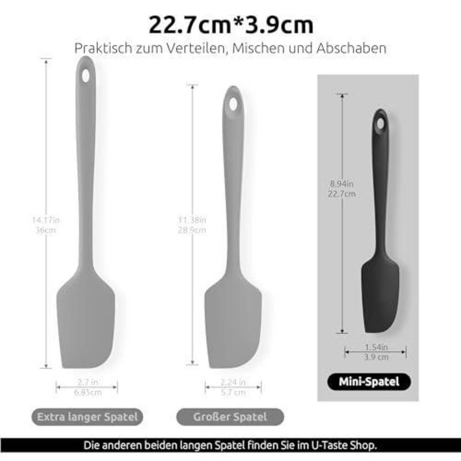 Produktvergleichsbild mit drei Silikon-Spatel: extra lang, groß und mini Spatel, mit Größenangaben 22,7 cm und 3,9 cm und deutschem Text über Mischen und Kratzen.