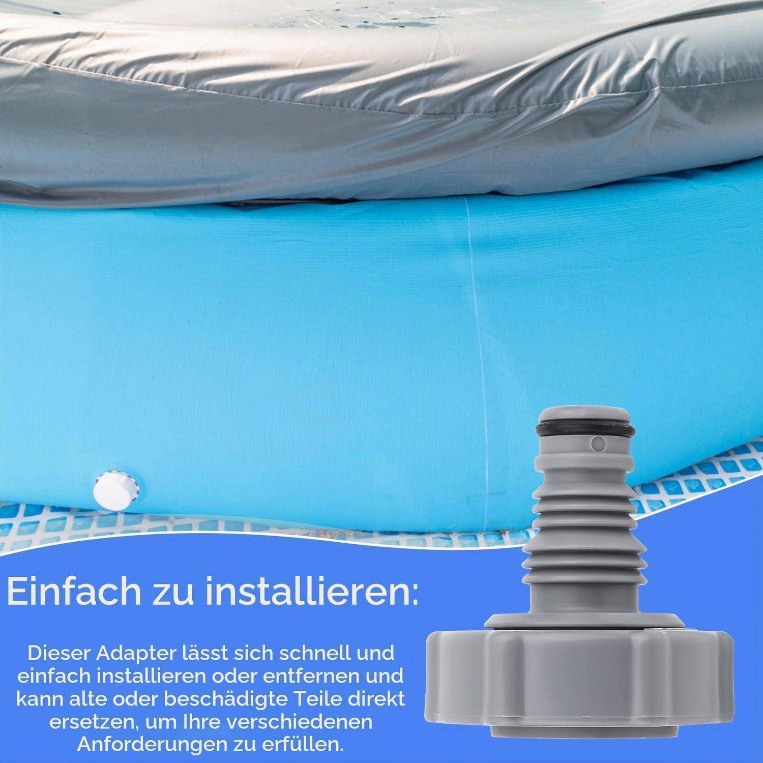 Produktanzeige mit einem grauen SchlauchAdapter neben einer blauen aufblasbaren Poolfolie mit deutschem Text: 'Einfach zu installieren' und einer Notiz zur einfachen Installation oder zum Austausch beschädigter Teile.