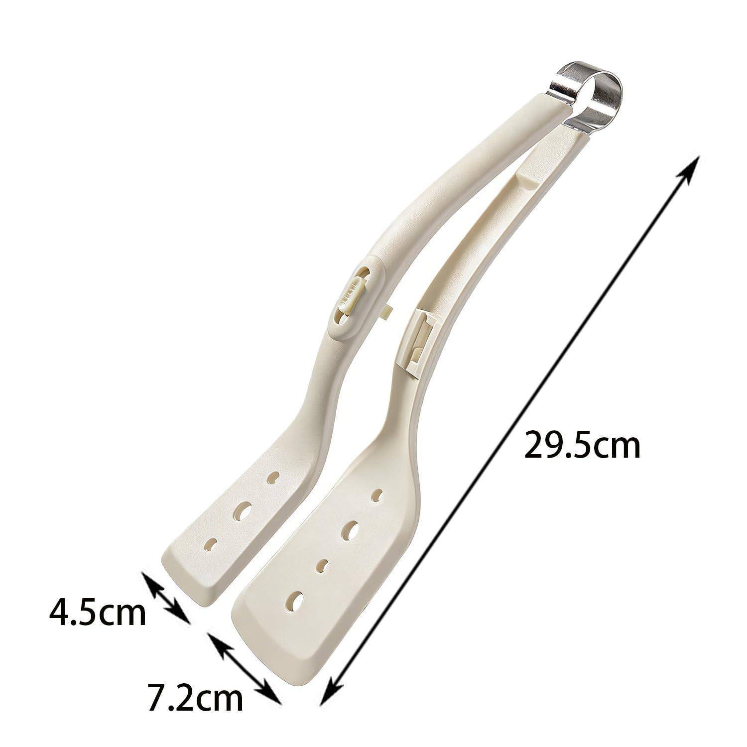 Bild eines beigefarbenen Schuhspanners mit verstellbarer Länge, die durch Pfeile angezeigt wird, mit einer Länge von 29,5 cm, einer Breite von 7,2 cm und einer Breite von 4,5 cm an der Spitze.