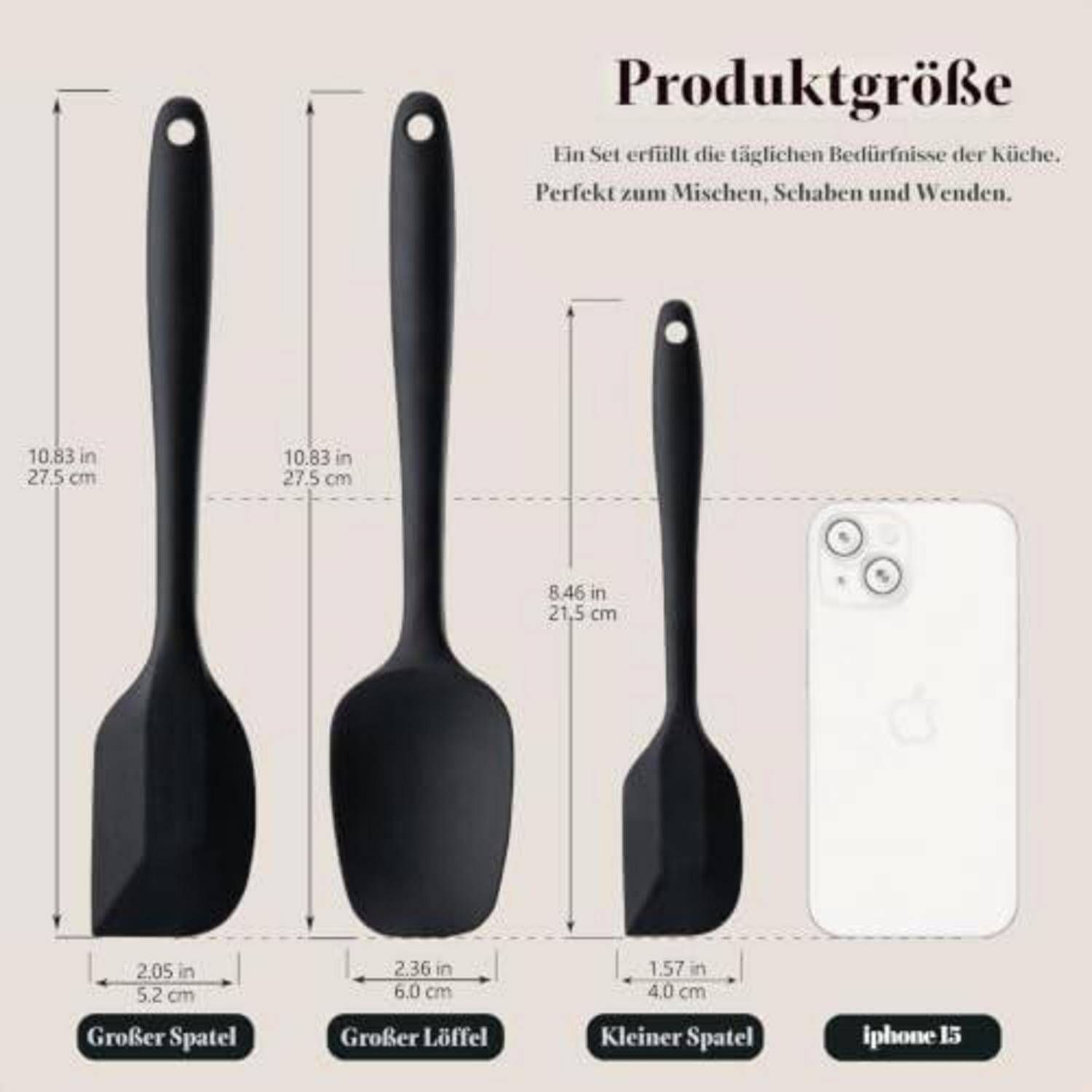 Produktgrößenvergleichsbild mit einem großen Spatel, einem großen Löffel, einem kleinen Spatel und einem iPhone 13 mit aufgelisteten Abmessungen in Zoll und cm; Deutscher Text besagt, dass das Set ideal zum Mischen, Kratzen und Wenden ist.