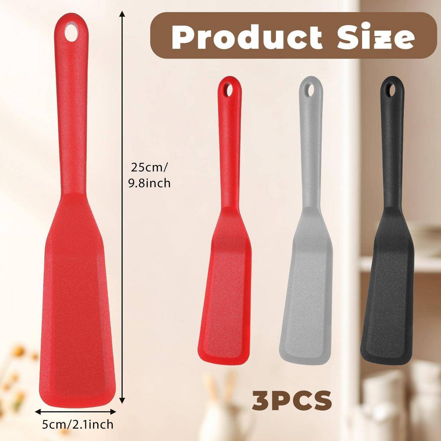 Produktgrößen-Grafik mit einem roten Spatel, 25 cm/9,8 Zoll lang und 5 cm/2,1 Zoll breit, mit drei Farboptionen: rot, grau und schwarz.