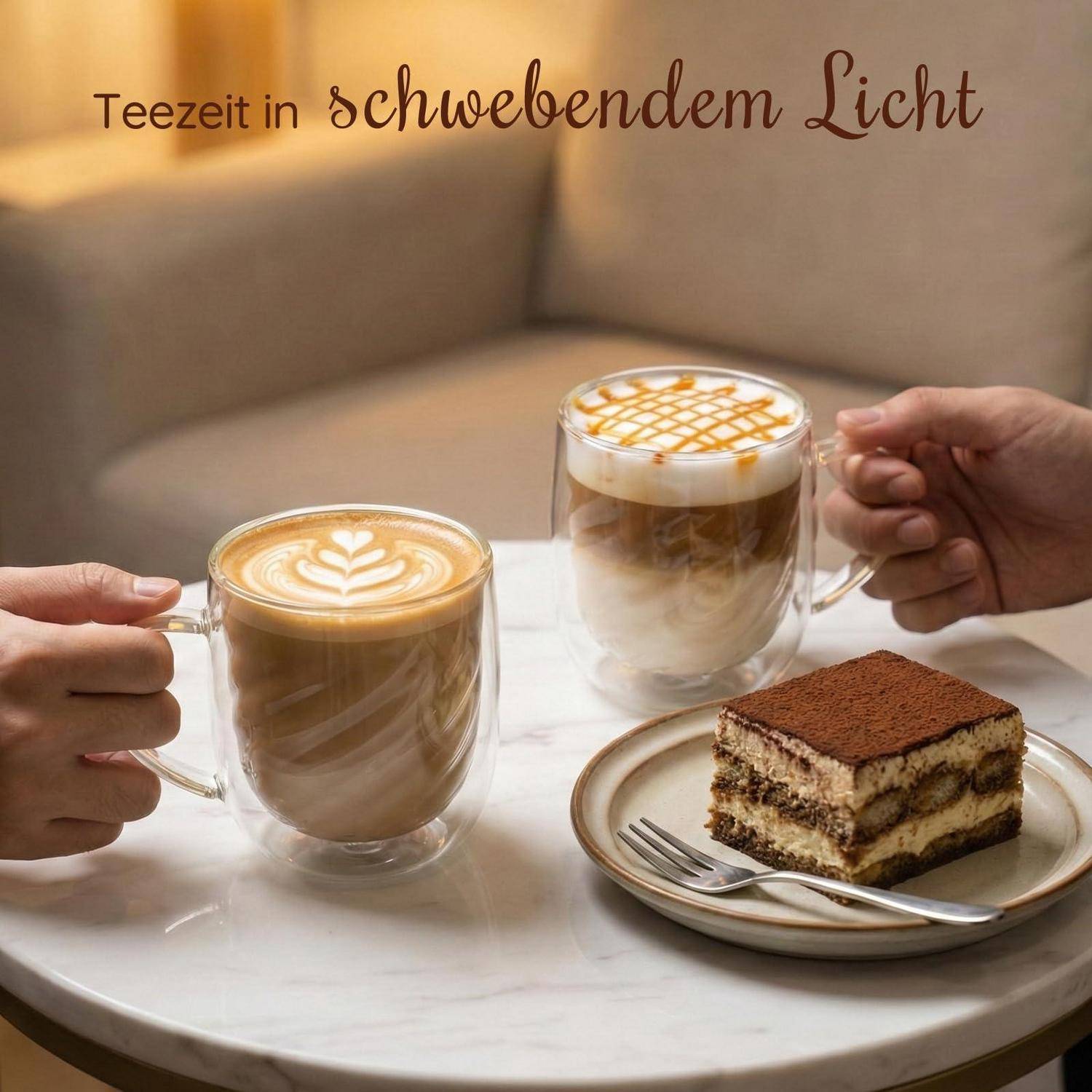 Zwei Hände halten Lattes auf einem Marmortisch neben einem Stück Tiramisu; der Text liest sich „Teezeit in schwebendem Licht".
