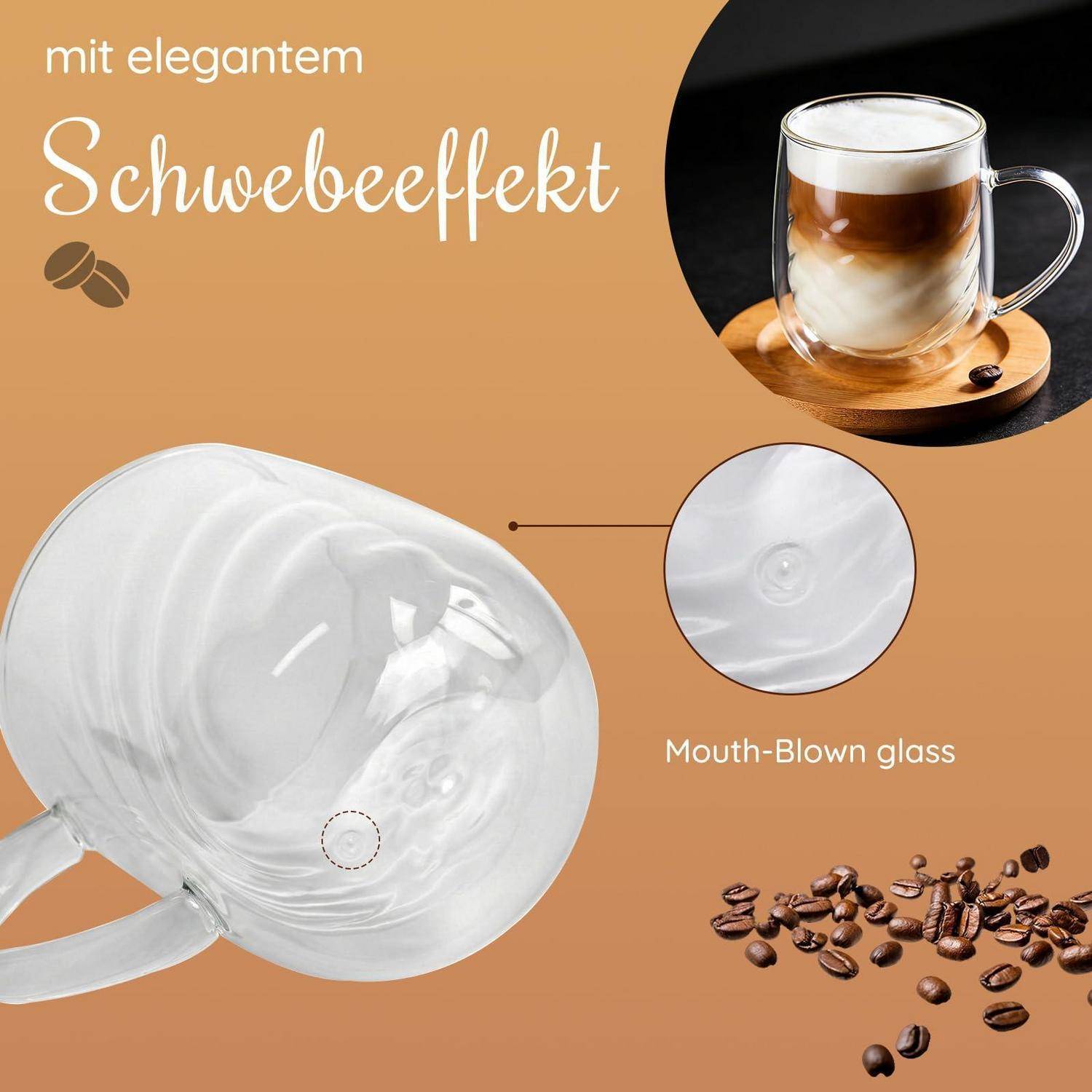 Werbebild einer Glastasse mit den Texten „Schwebeeffekt" und „Mouth-Blown glass"", die eine schwebende Illusions-Kaffeetasse und Kaffeebohnen zeigt.