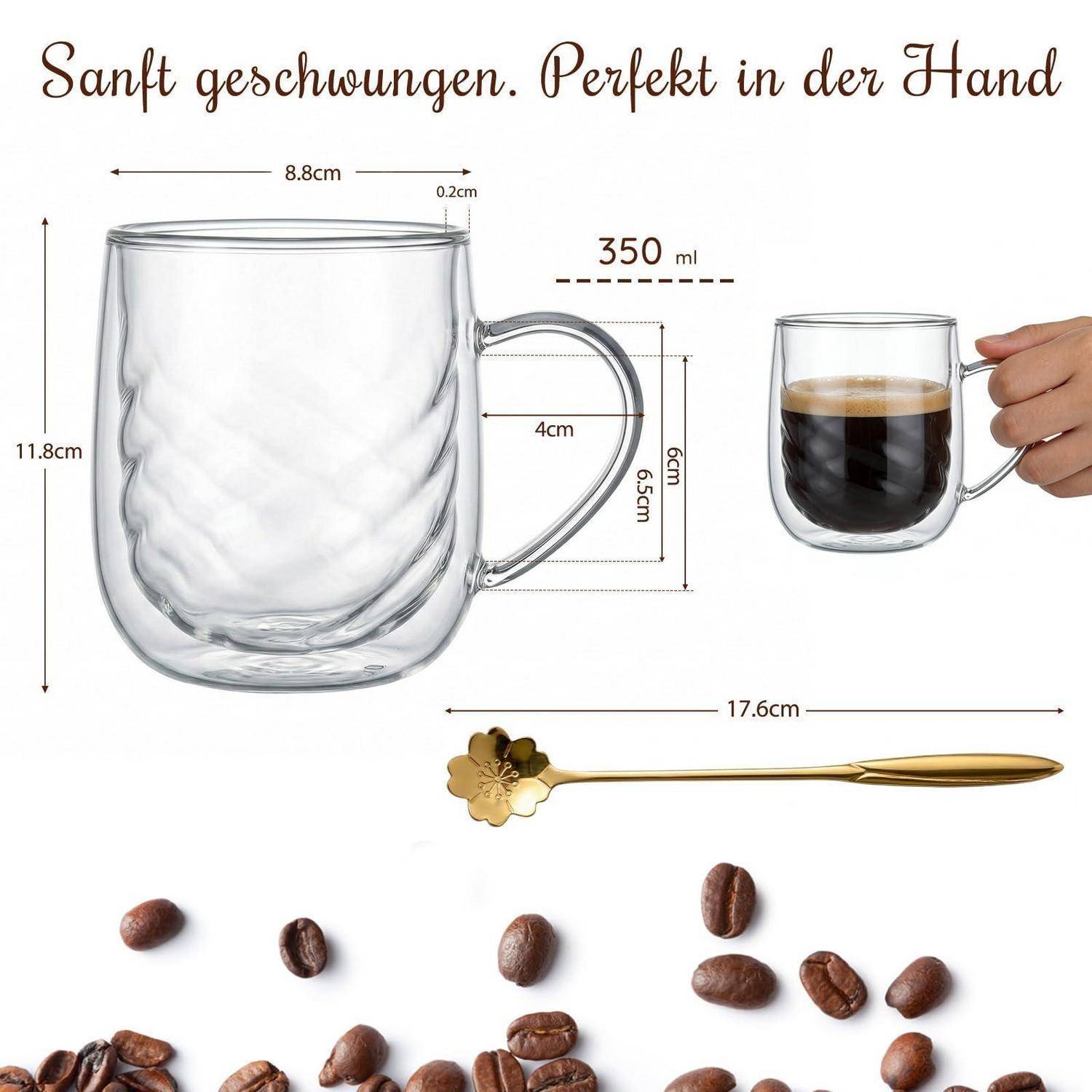 Infografik eines 350-ml-Glasbechers mit Henkel, mit Abmessungen, einer Hand, die ihn mit Kaffee hält, und einem 17,6 cm langen goldenen Löffel.
