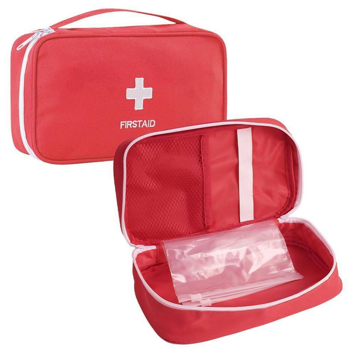 Rote Erste-Hilfe-Tasche mit weißem Kreuzlogo, geschlossen und offen mit leeren Fächern dargestellt.