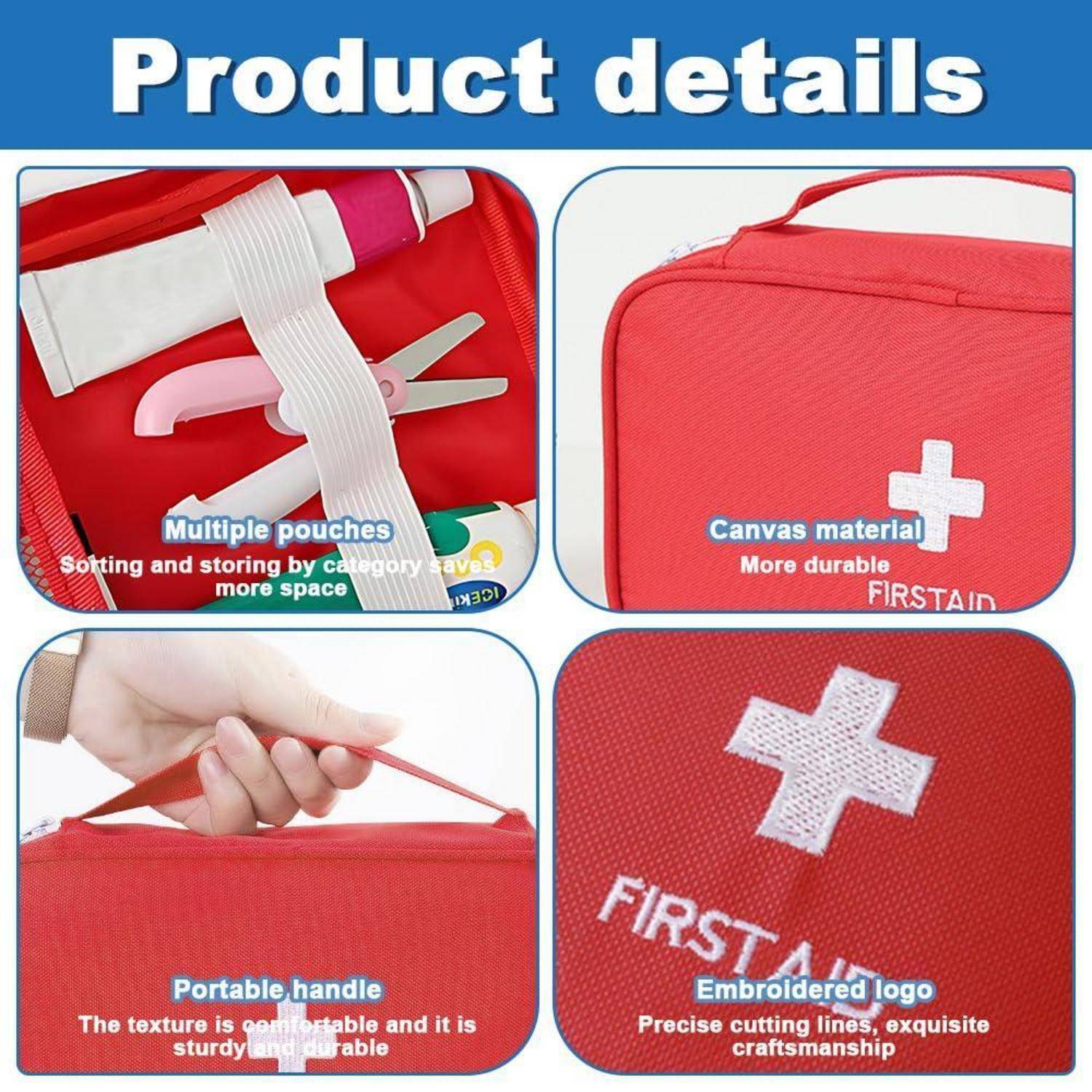 Produktdetails einer roten Erste-Hilfe-Tasche: mehrere Taschen, strapazierfähiges Leinenmaterial, tragbarer Griff und besticktes "FIRST""-Logo.