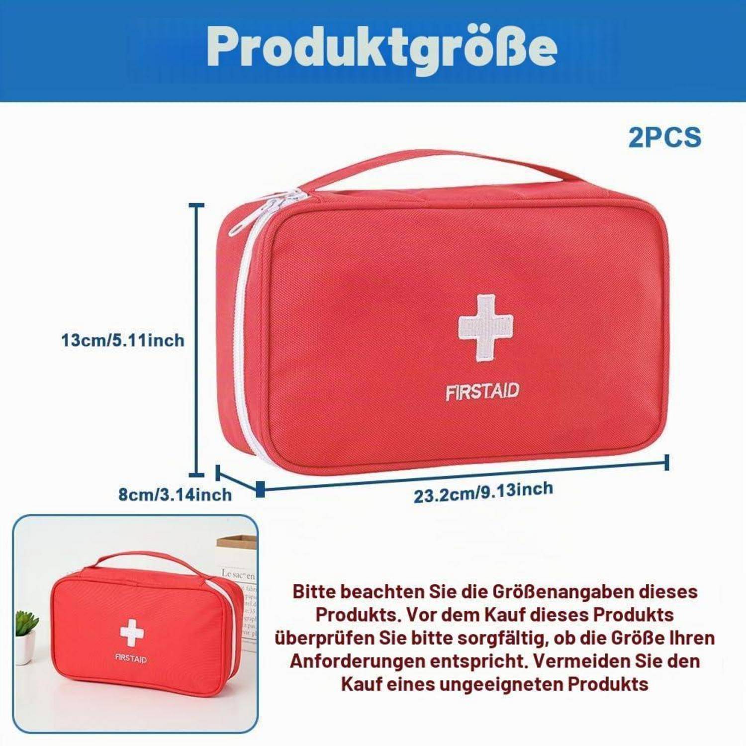 Das Bild zeigt eine rote FIRSTAID-Erste-Hilfe-Tasche mit der Beschriftung „2 STÜCK", mit den Abmessungen 23,2 cm x 13 cm x 8 cm, und eine deutsche Notiz, die empfiehlt, die Größe vor dem Kauf zu überprüfen.