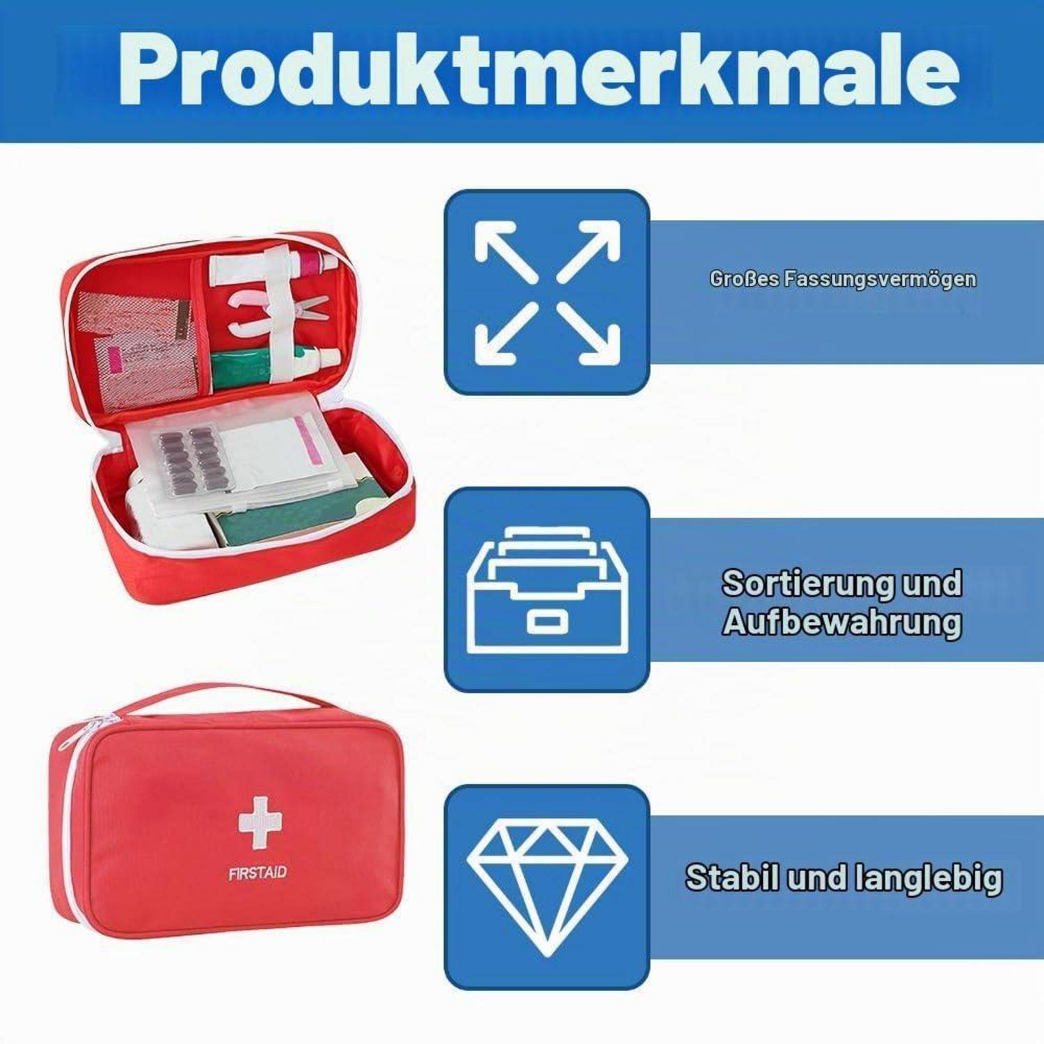 Infografik mit dem Titel „Produktmerkmale" zeigt ein rotes Erste-Hilfe-Set und Symbole, die „Großes Fassungsvermögen"", „Sortierung und Aufbewahrung"" und „Stabil und langlebig"" hervorheben.