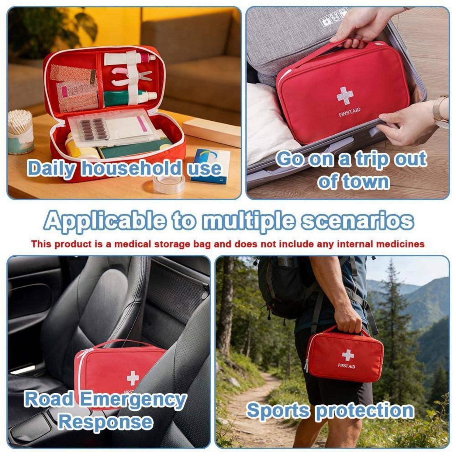 Werbekollage mit einer roten Erste-Hilfe-Aufbewahrungstasche für den täglichen Hausgebrauch, Reisen, Notfälle im Auto und den Schutz bei Outdoor-Sportarten.