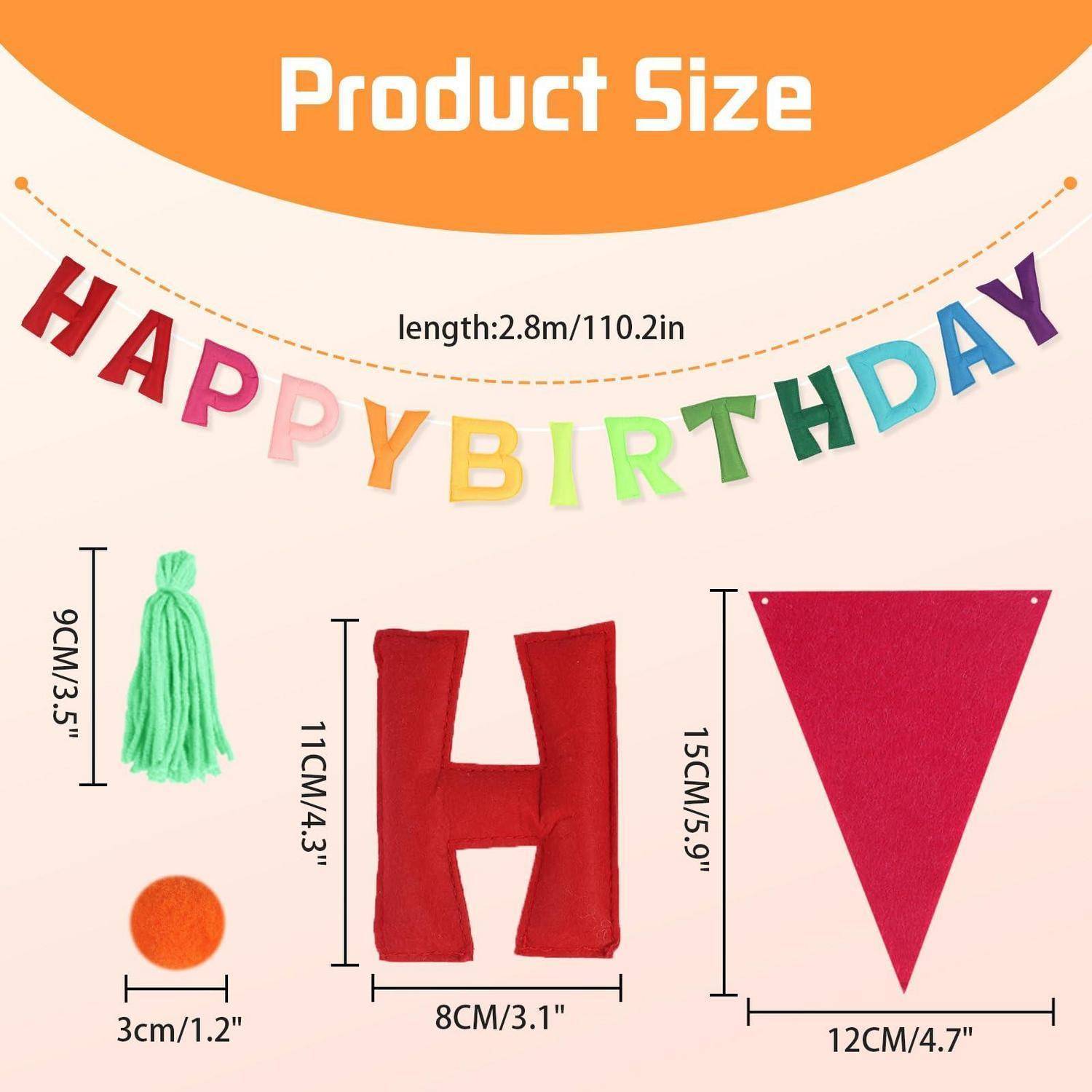 Größentabelle für ein „ALLES GUTE ZUM GEBURTSTAG"-Banner: Girlándenlänge 2,8 m; Buchstabe H ist 11 x 8 cm, Quaste 9 cm, Pompom 3 cm, Flagge 15 x 12 cm.