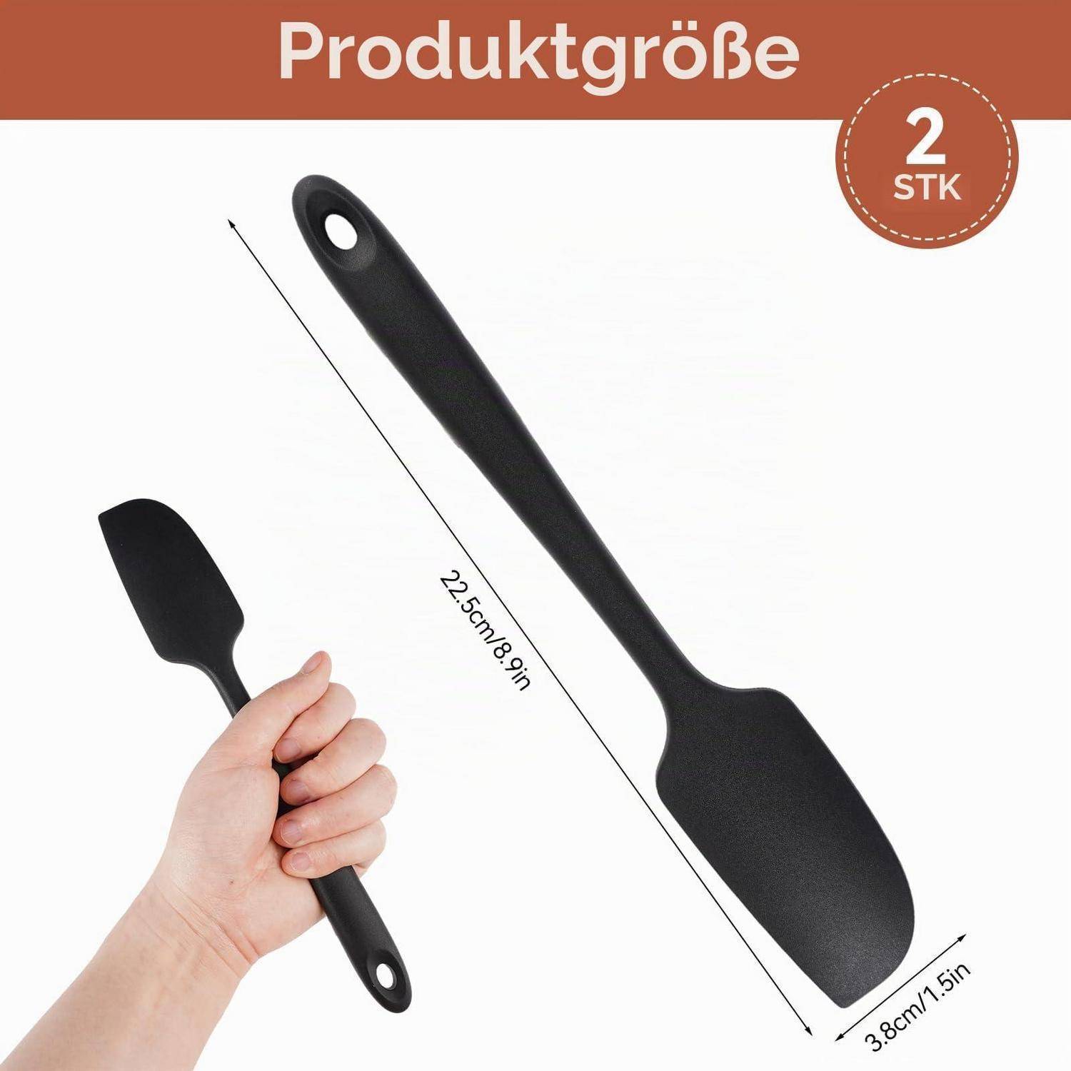 Produktgrößenbild mit zwei schwarzen Silikonspachteln, jeweils 22,5 cm (8,9 Zoll) lang und 3,8 cm (1,5 Zoll) breit, mit der Bezeichnung „2 STK