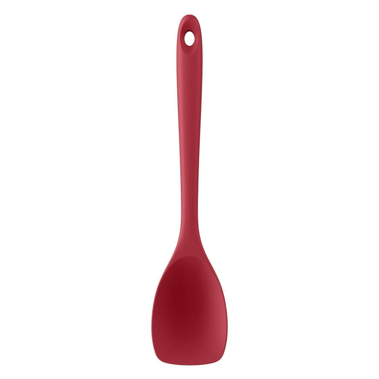 Roter Silikonkochlöffel mit einem Aufhängeloch im Griff, auf weißem Hintergrund dargestellt.