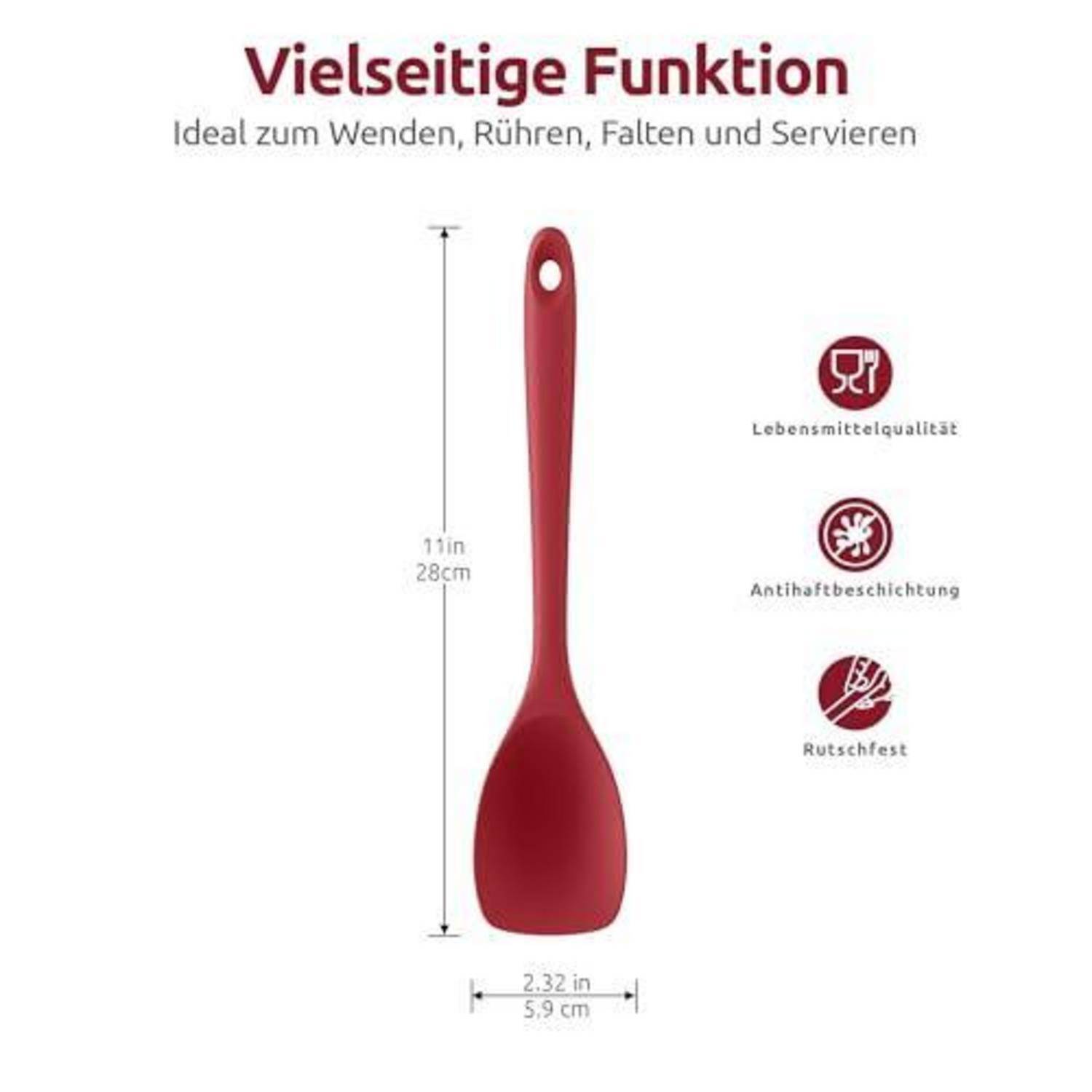 Rote Silikon-Küchenspachtel, 11 Zoll lang und 2,32 Zoll breit, gekennzeichnet als vielseitig einsetzbar zum Wenden, Rühren, Falten und Servieren; lebensmittelsicher, antihaftbeschichtet und rutschfest.