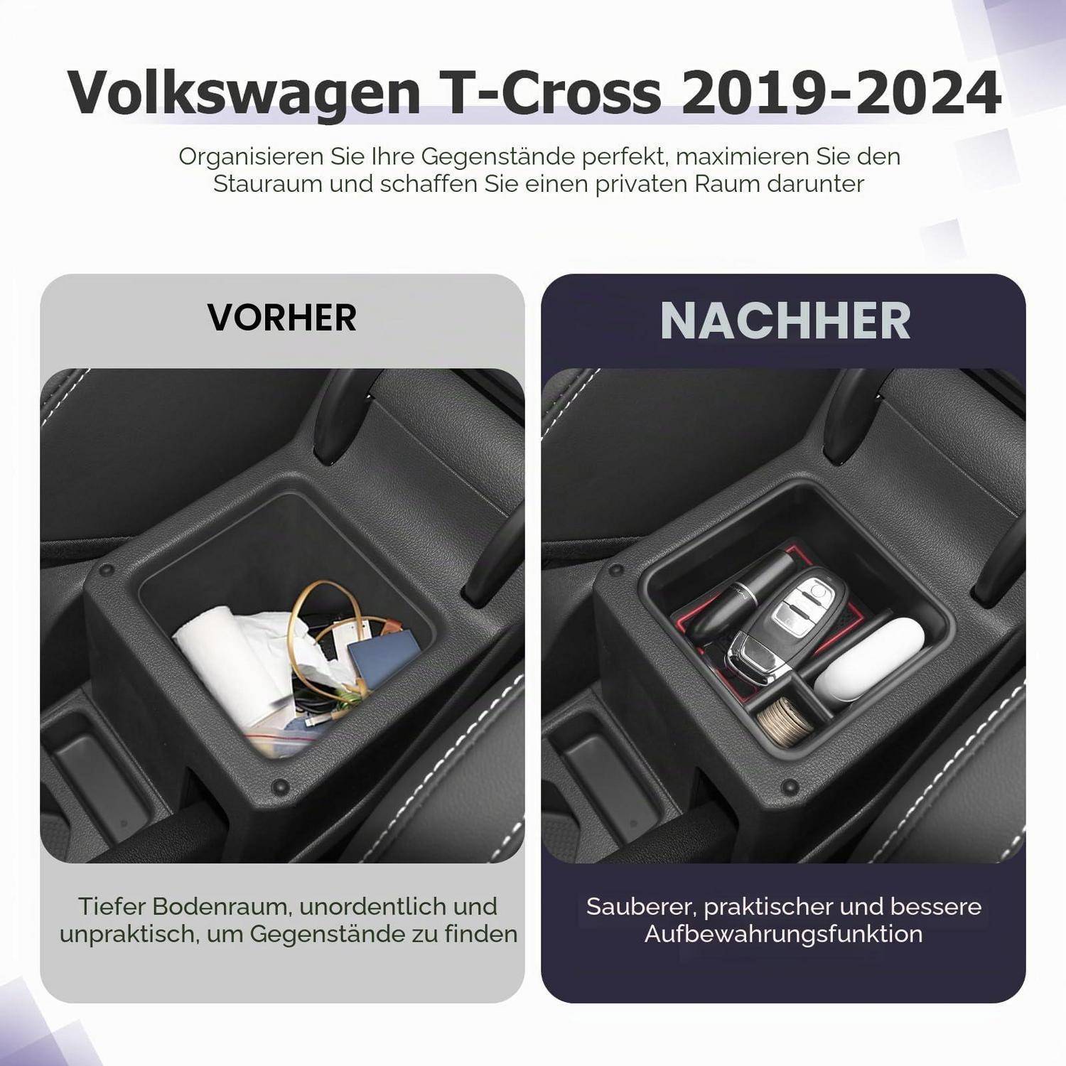 Vorher-Nachher-Vergleich einer Mittelkonsolen-Ablage des Volkswagen T-Cross 2019-2024, der ungeordnete Ablage zeigt, die durch einen ordentlichen Organizer mit Fächern für Gegenstände ersetzt wurde.