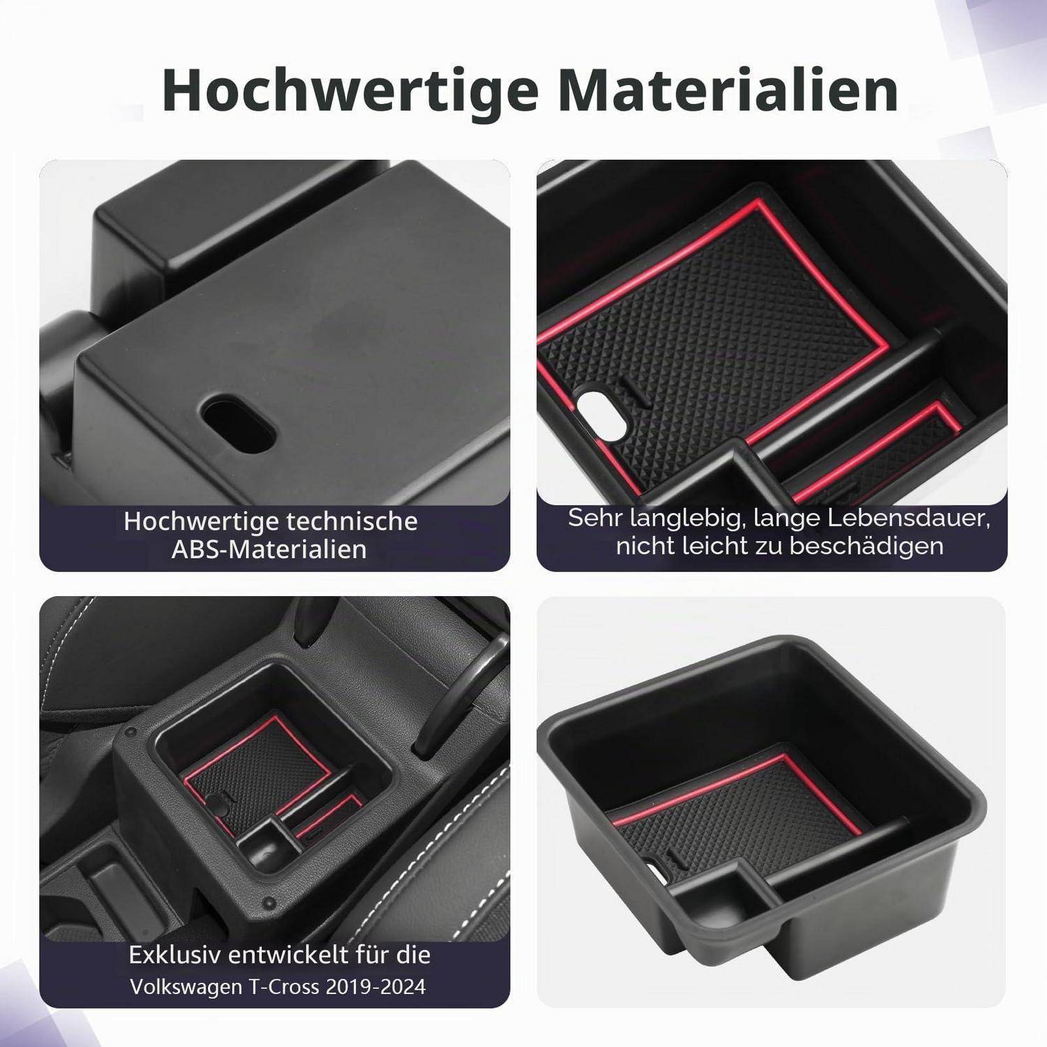 Werbecollage eines Autolagerablage, die hochwertiges ABS-Material, Langlebigkeit und maßgeschneiderte Passform für Volkswagen T-Cross 2019-2024 hervorhebt.